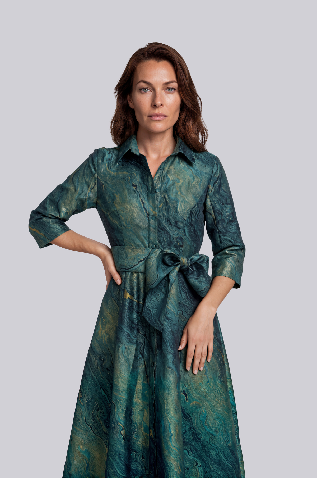 3/4 Dolman Sleeve Taffeta Jacquard Shirt Gown with Sash and Pockets Gown Rene Ruiz Collection