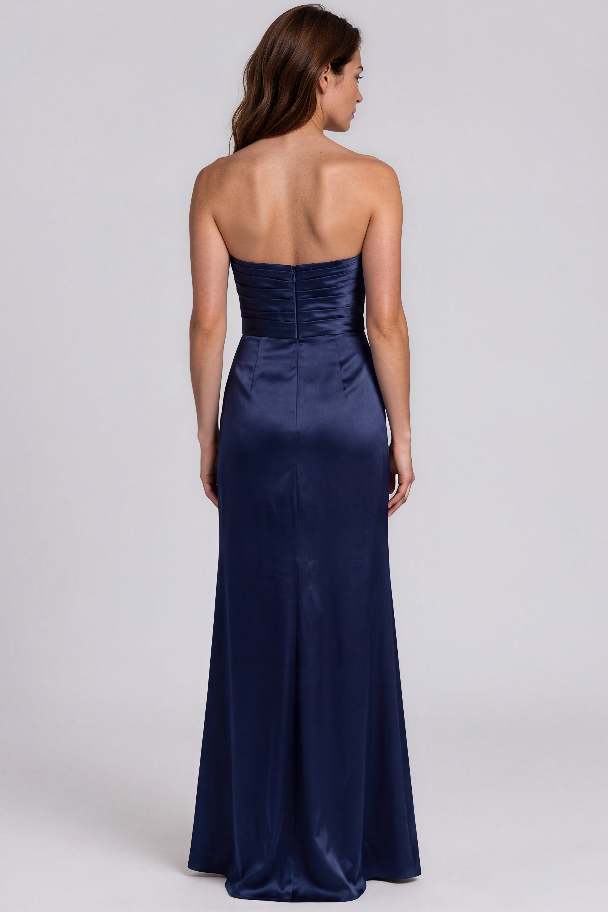 Strapless Draped Waist Floral Detail Satin-Back Crepe A-Line Gown Gown Rene Ruiz Collection