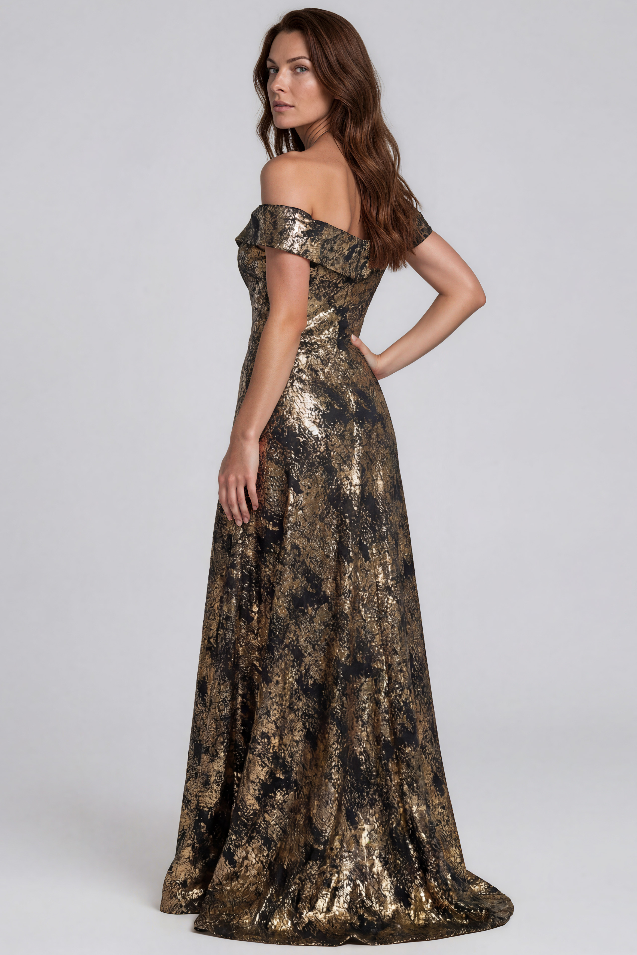 Off The Shoulder Metallic Jacquard Draped Column Gown Gown Rene Ruiz Collection
