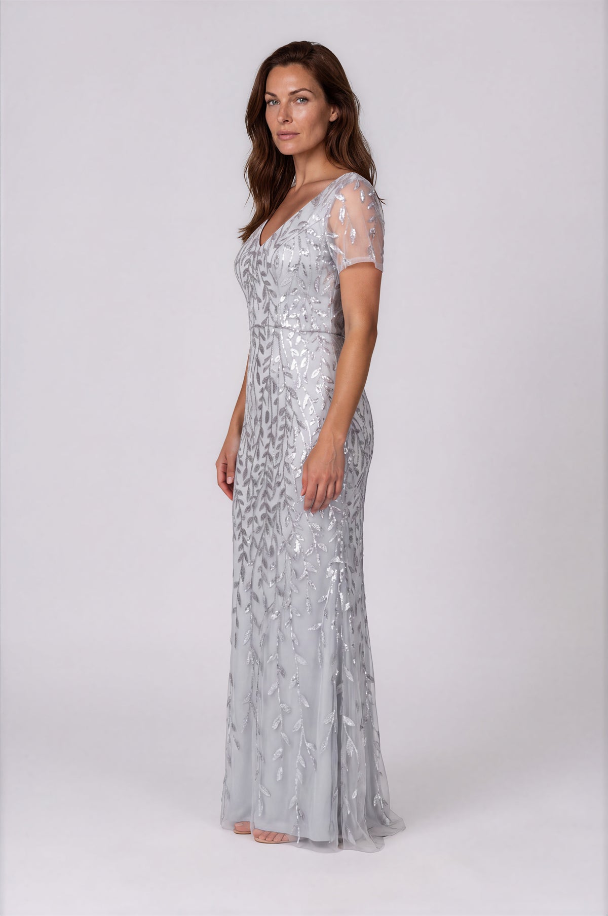V-Neck Flutter Sleeves Sequin Embroidered Fit And Flare Gown Gown Rene Ruiz Collection