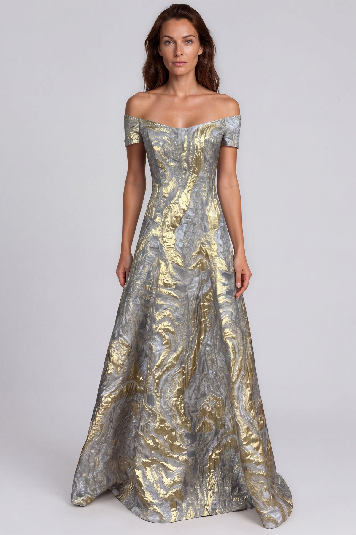 Off The Shoulder Metallic Brocade A-Line Gown Gown Rene Ruiz Collection