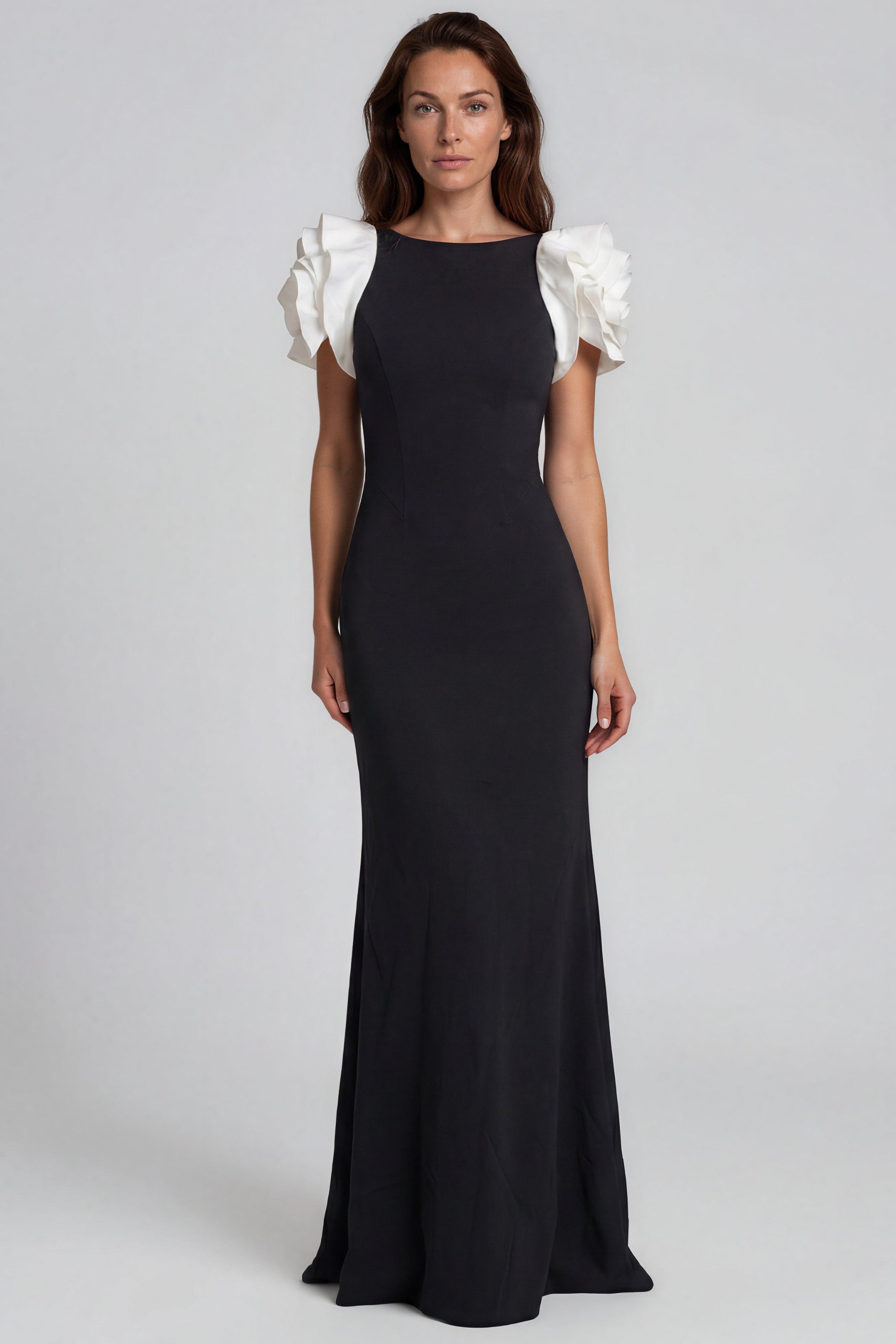 3D Floral Sleeve Fit and Flare Scuba Gown Gown Rene Ruiz Collection