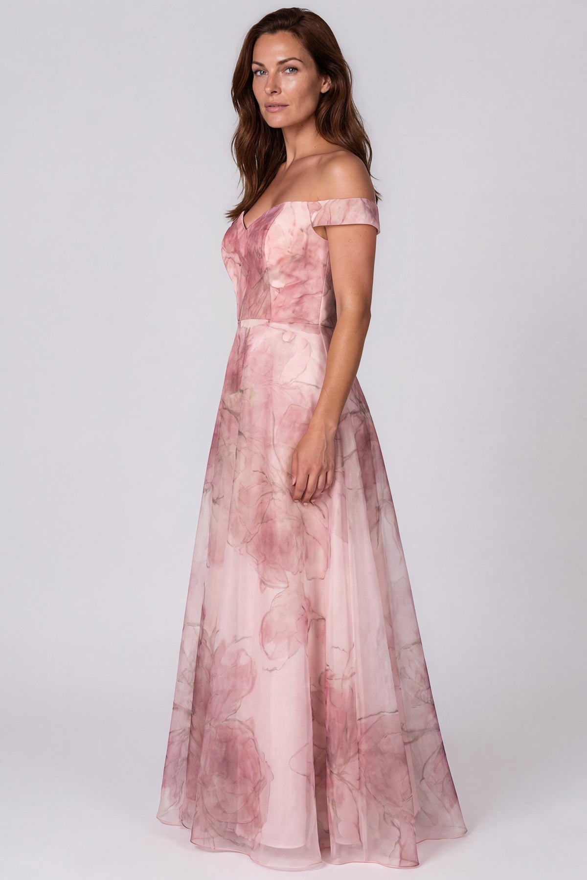 Off The Shoulder Printed Organza A-Line Gown Gown Rene Ruiz Collection