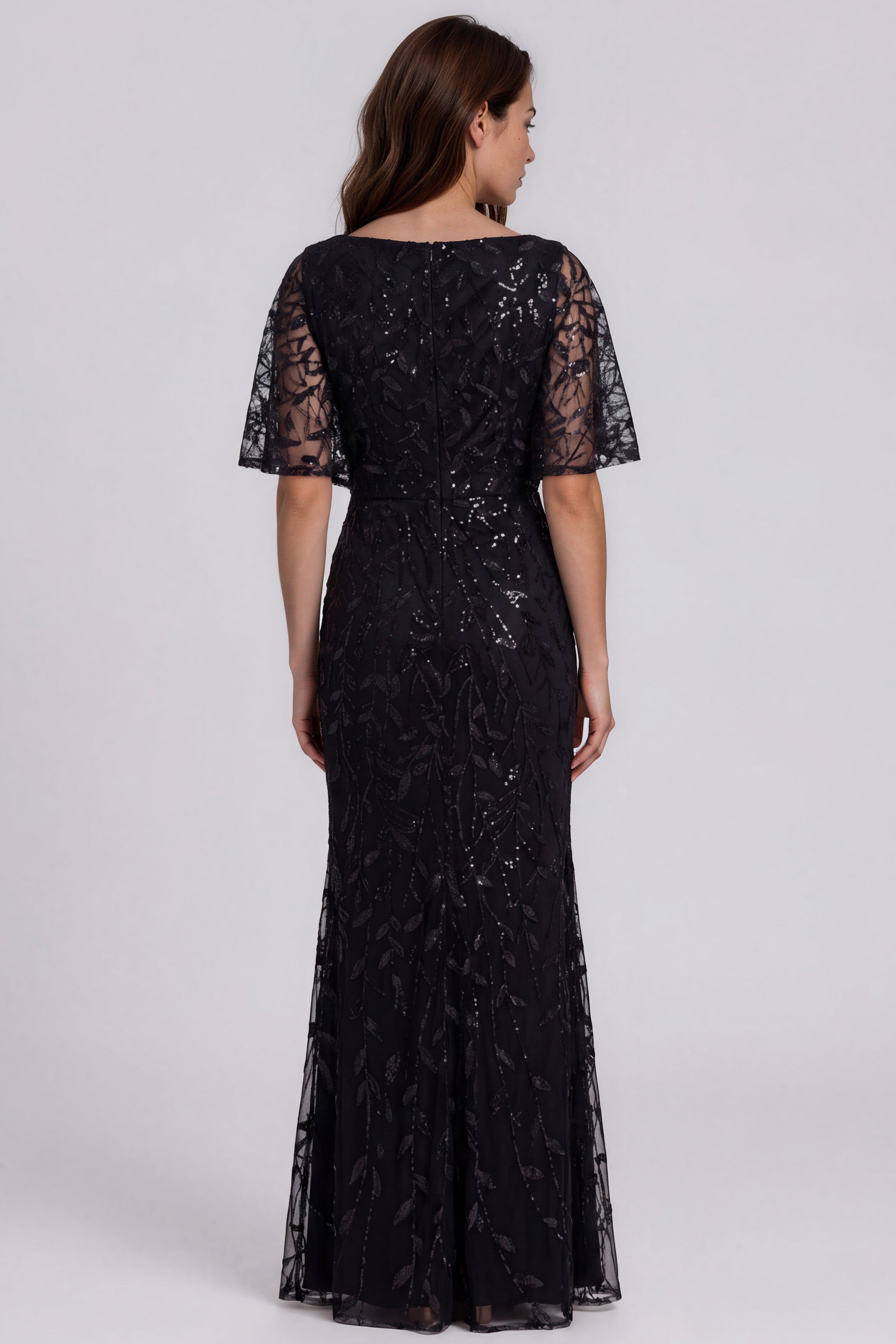 Embroidered V-Neck Fit and Flare Gown with Flutter Sleeves Gown Rene Ruiz Collection
