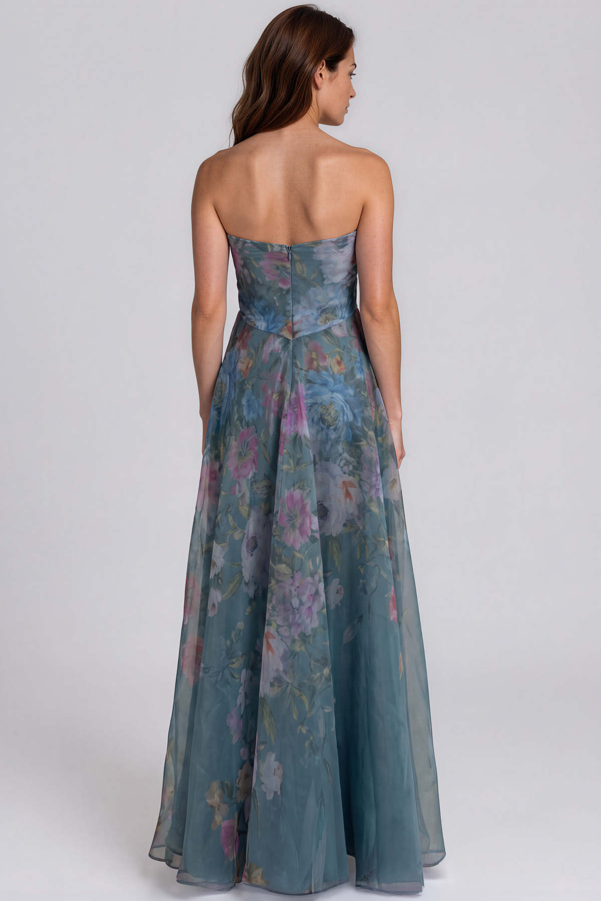 Strapless Floral Printed Organza A-Line Gown Gown Rene Ruiz Collection