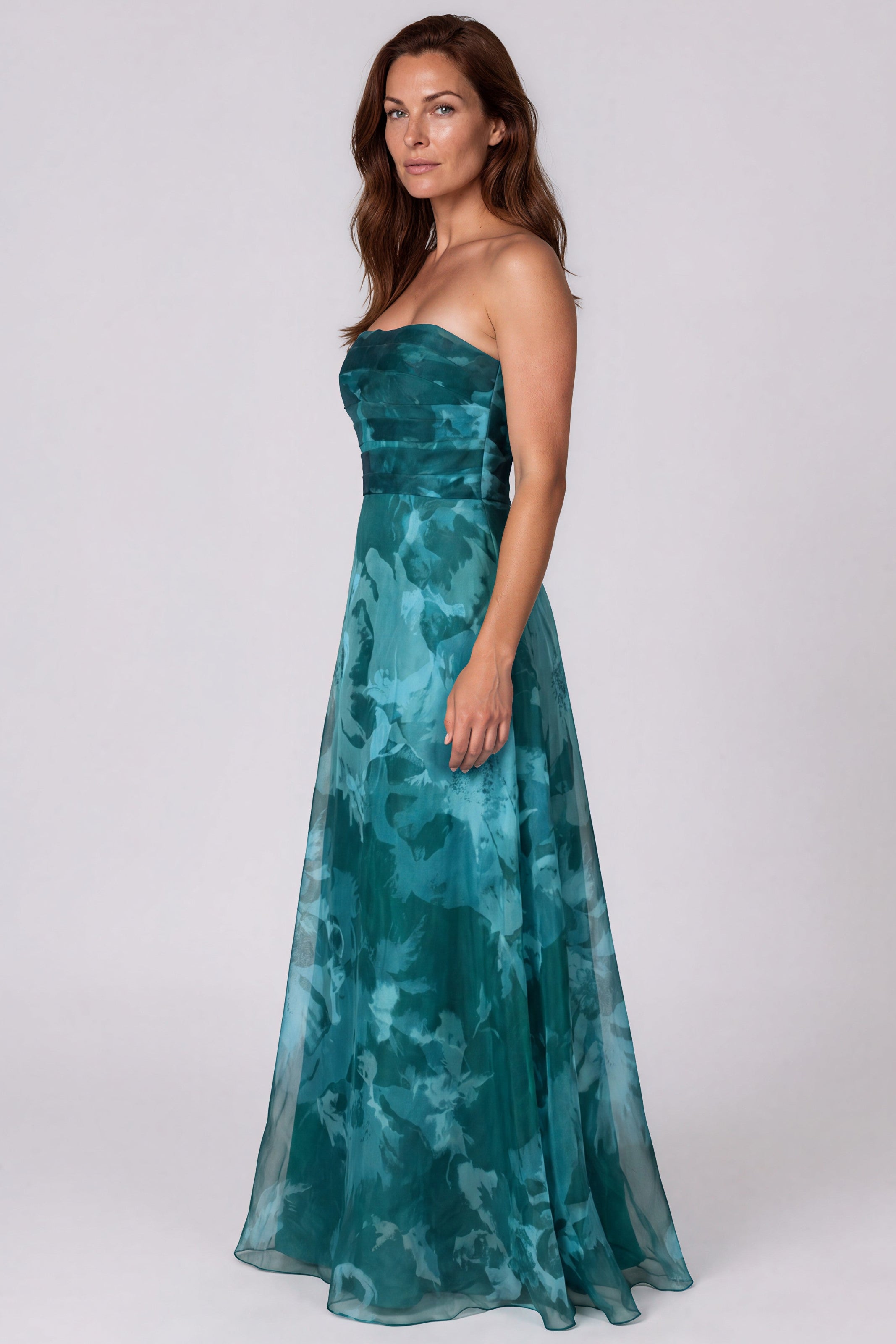 Strapless Printed Organza A-Line Gown with Draped Bodice Gown Rene Ruiz Collection