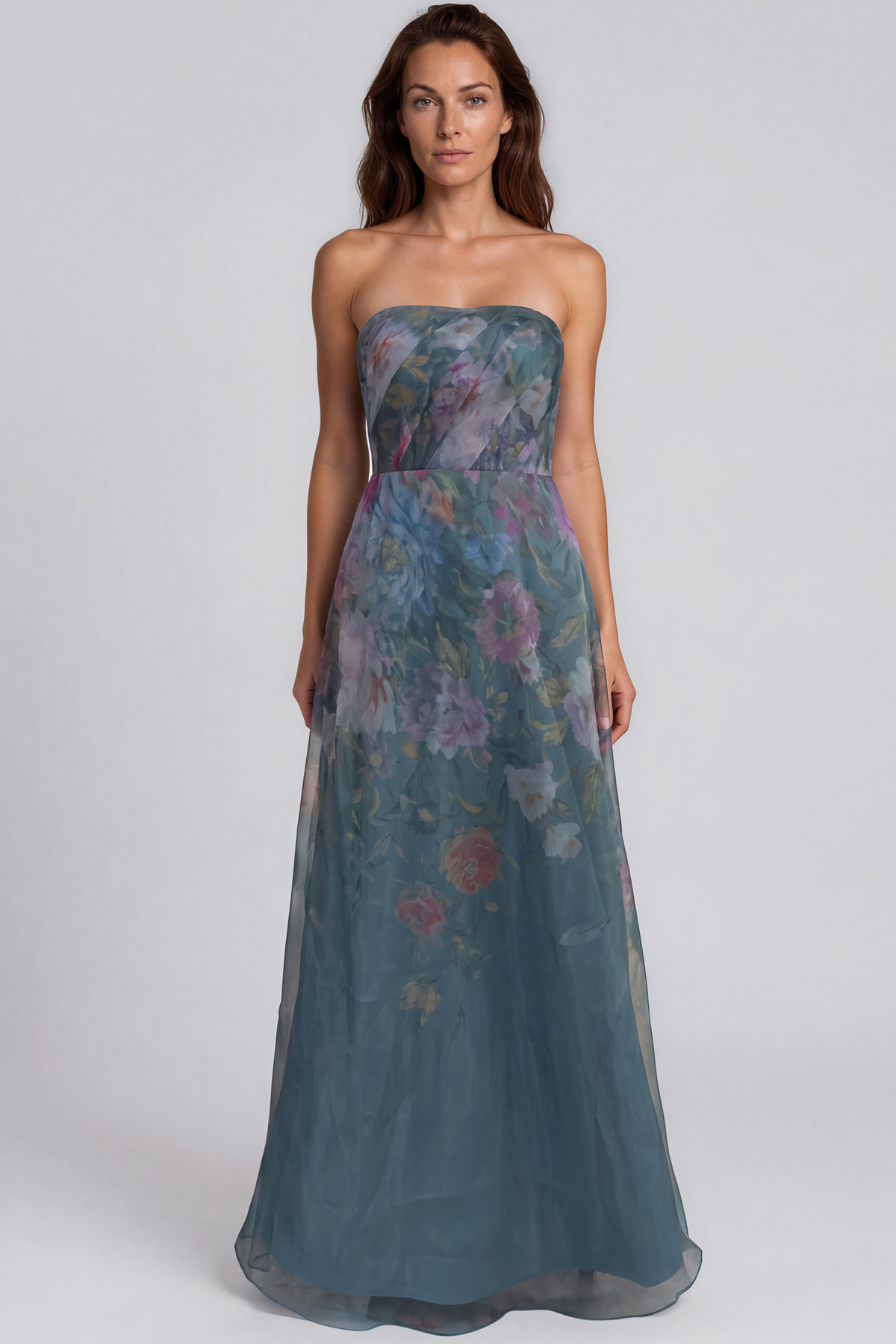 Strapless Floral Printed Organza A-Line Gown Gown Rene Ruiz Collection