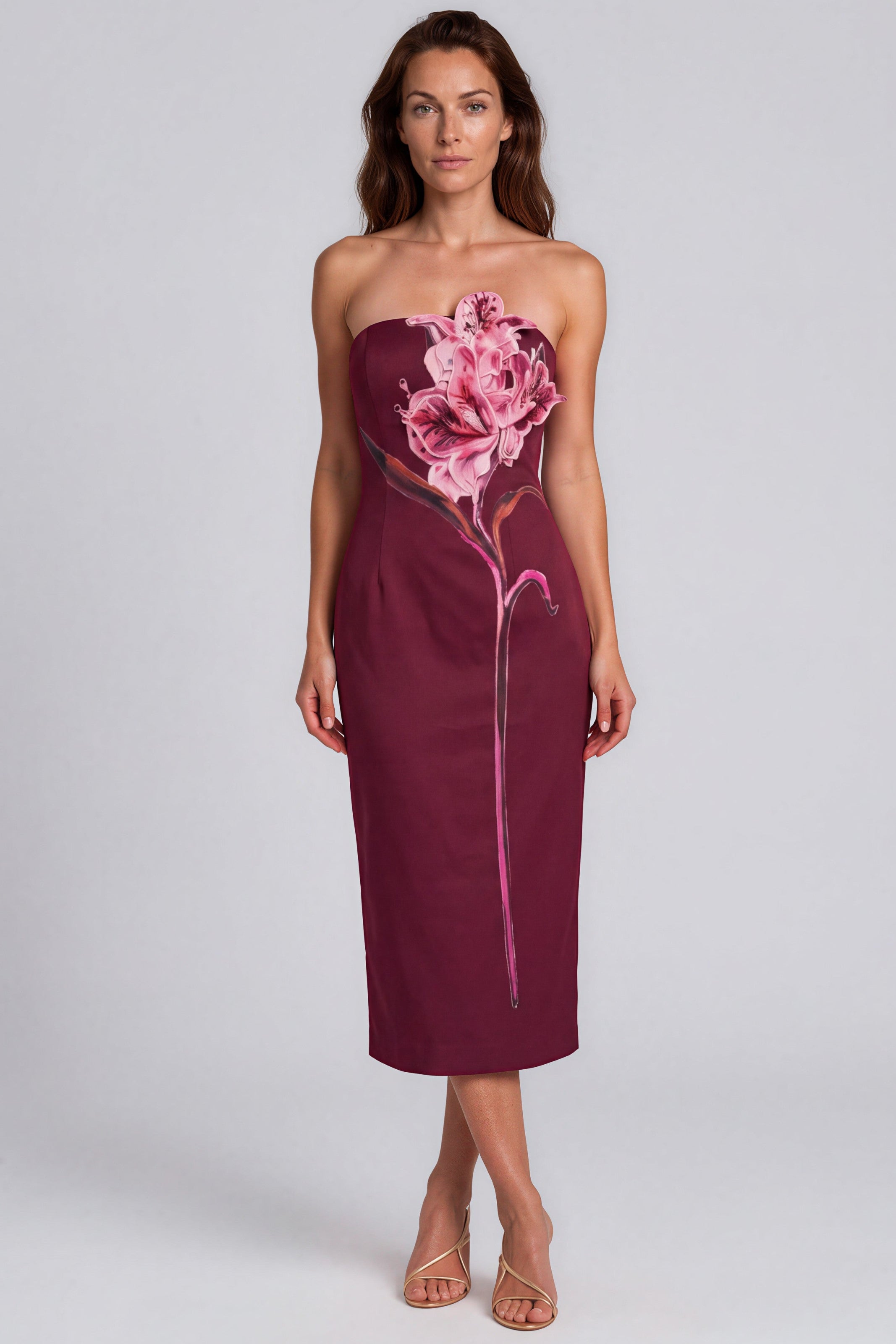 Strapless Crepe 3D Floral Appliqué Column Midi Cocktail