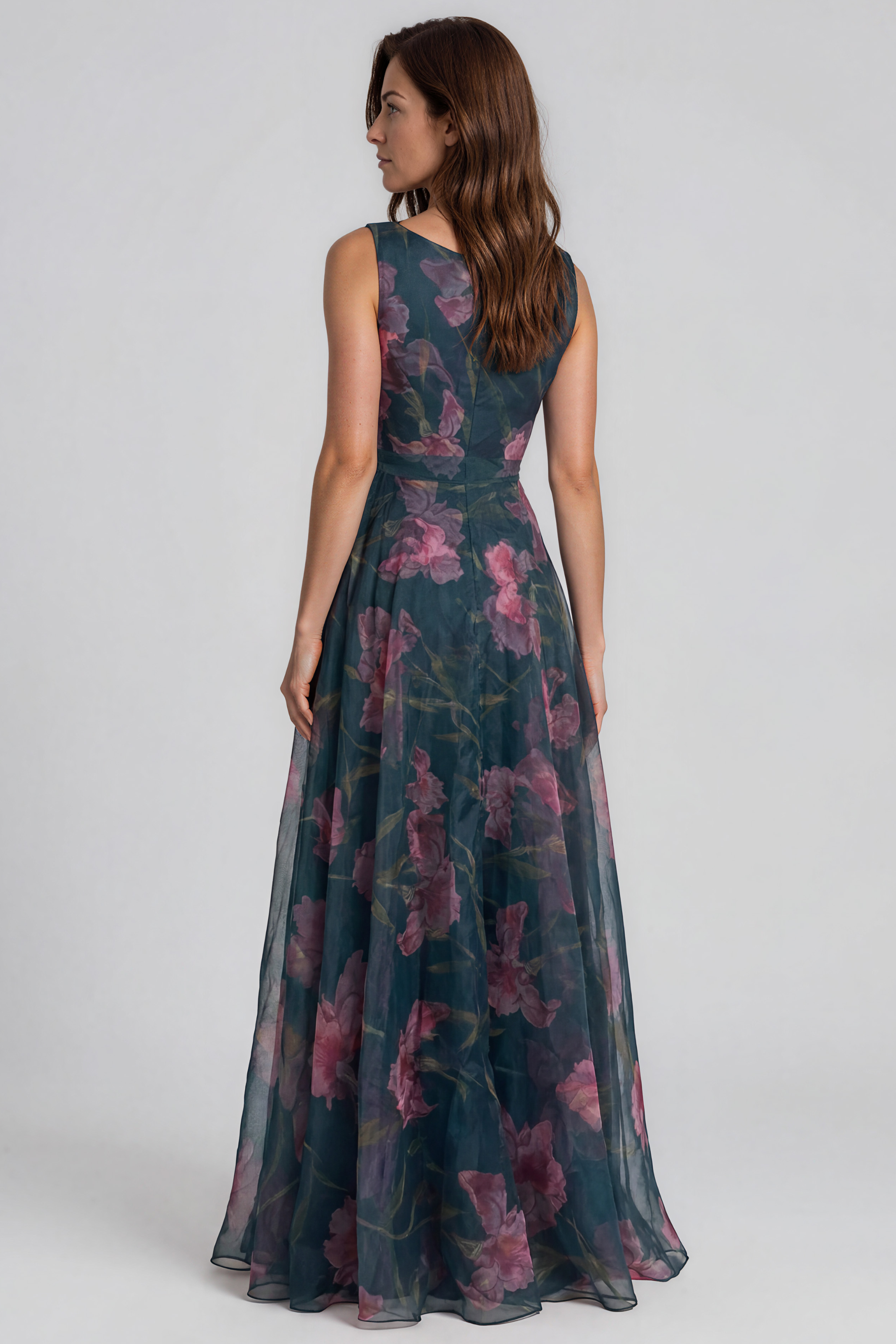 V-Neck Floral Printed Organza Waist Tie A-Line Gown Gown Rene Ruiz Collection
