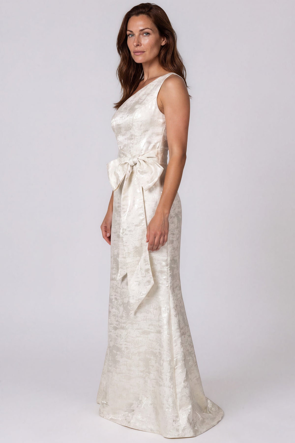 One Shoulder Jacquard Fit and Flare Gown with Bow Waist Detail Gown Rene Ruiz Collection