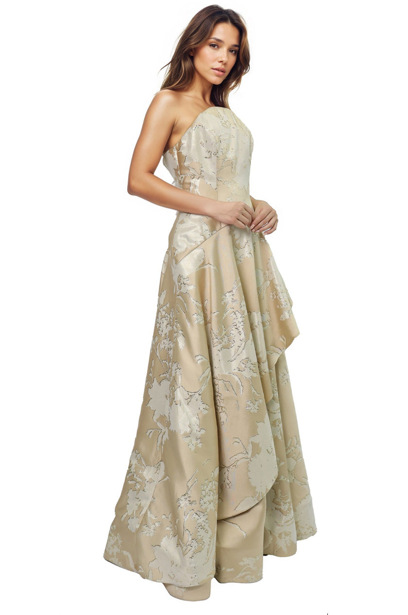 Strapless Brocade Gown with Cascading Skirt Gown Rene Ruiz Collection