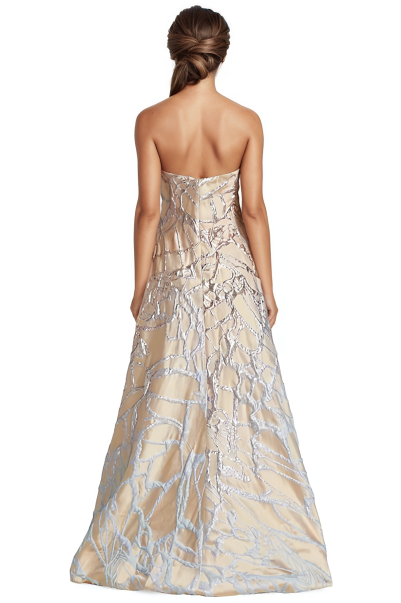 Strapless Abstract Metallic Jacquard Gown Gown Rene Ruiz Collection