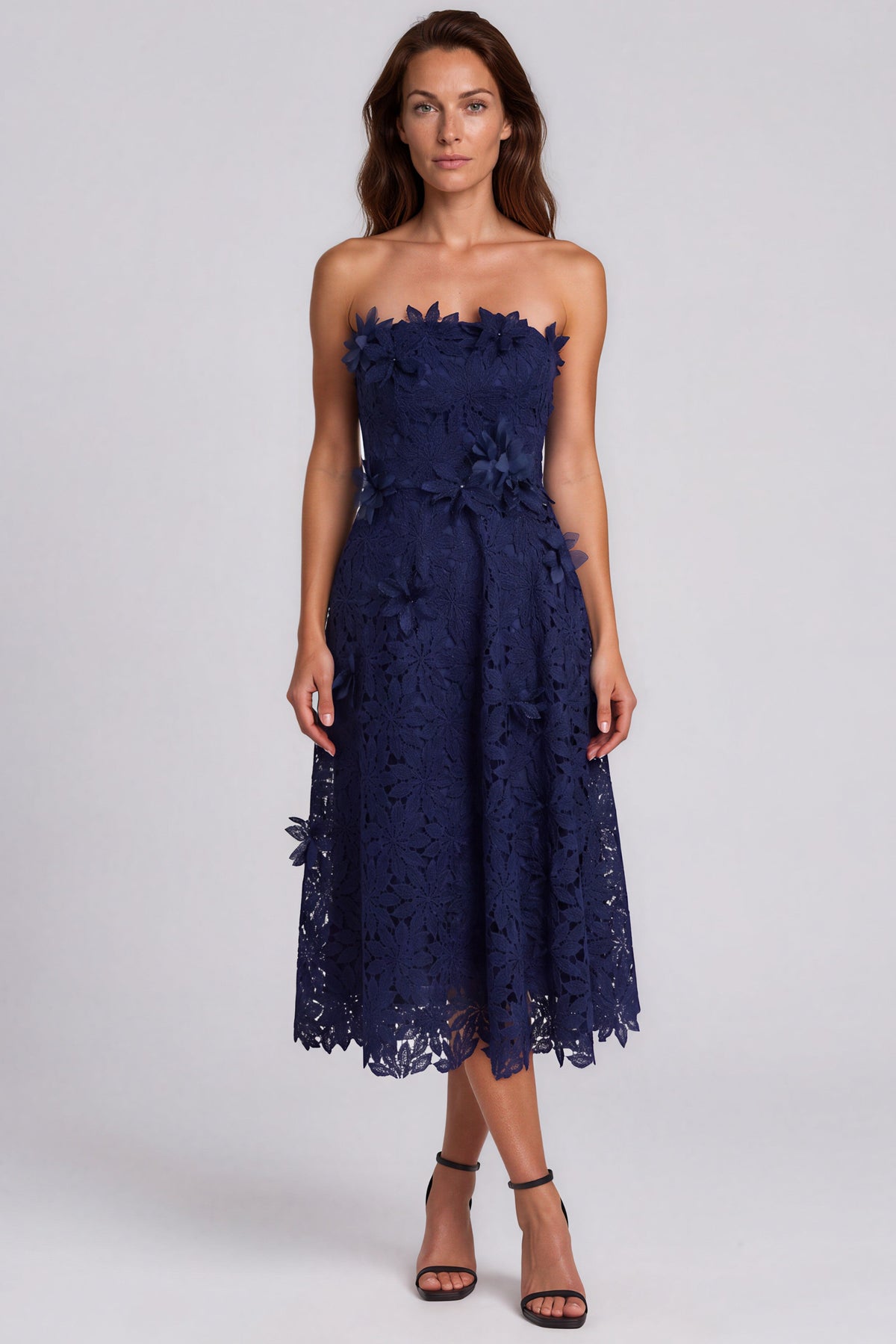 Strapless Floral Lace A-Line Cocktail Dress with 3D Floral Appliqués Cocktail Rene Ruiz Collection 2 Navy Fil Coupe