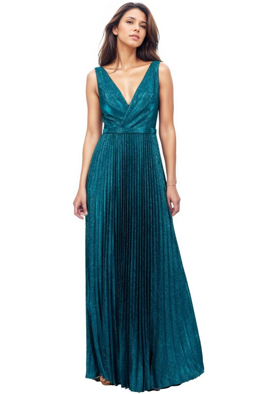 V Neck Pleated Evening Formal Gown Gown Rene Ruiz Collection 2 Teal