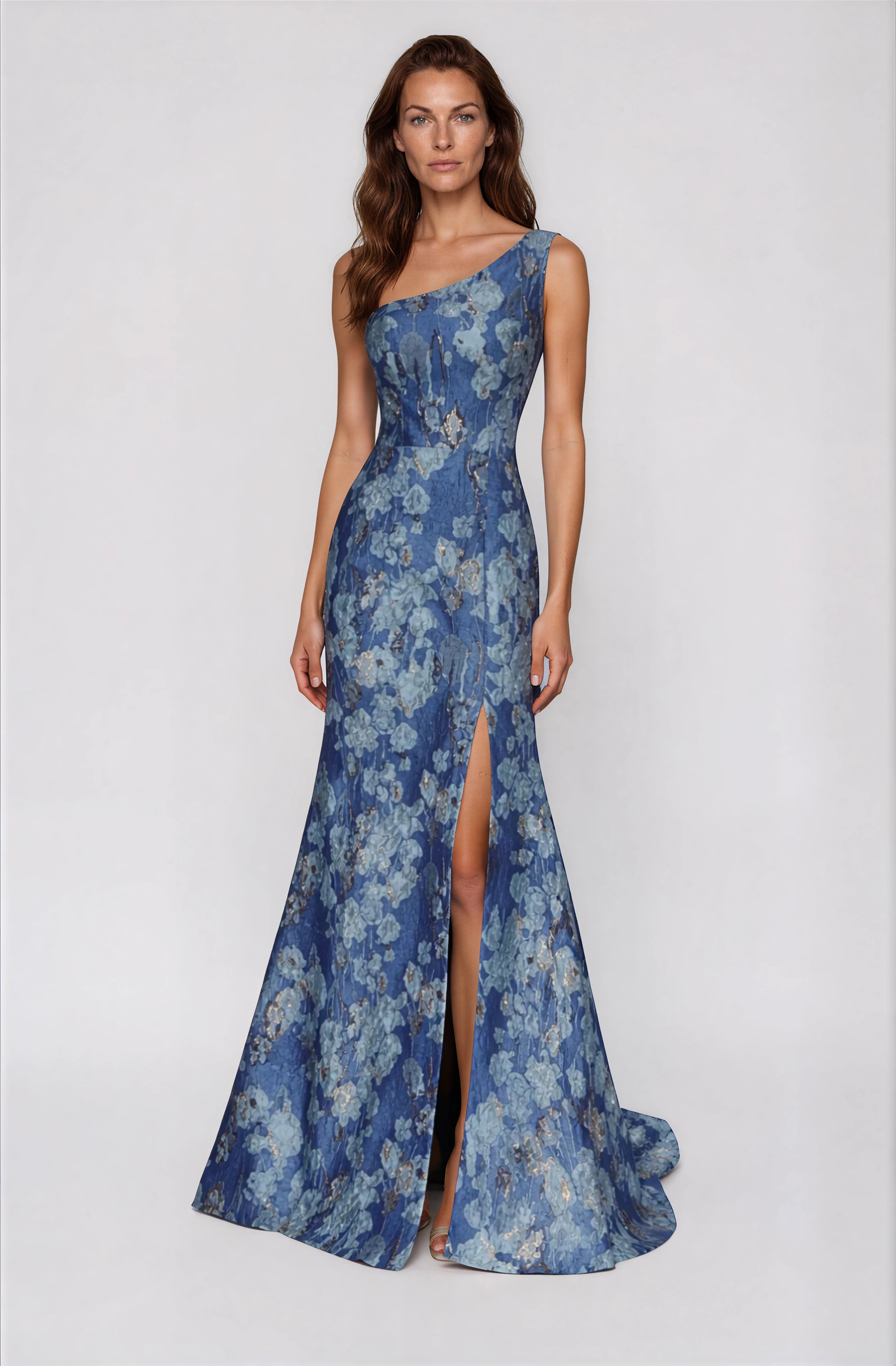 One Shoulder Floral Jacquard Fit And Flare Gown with Front Slit Gown Rene Ruiz Collection