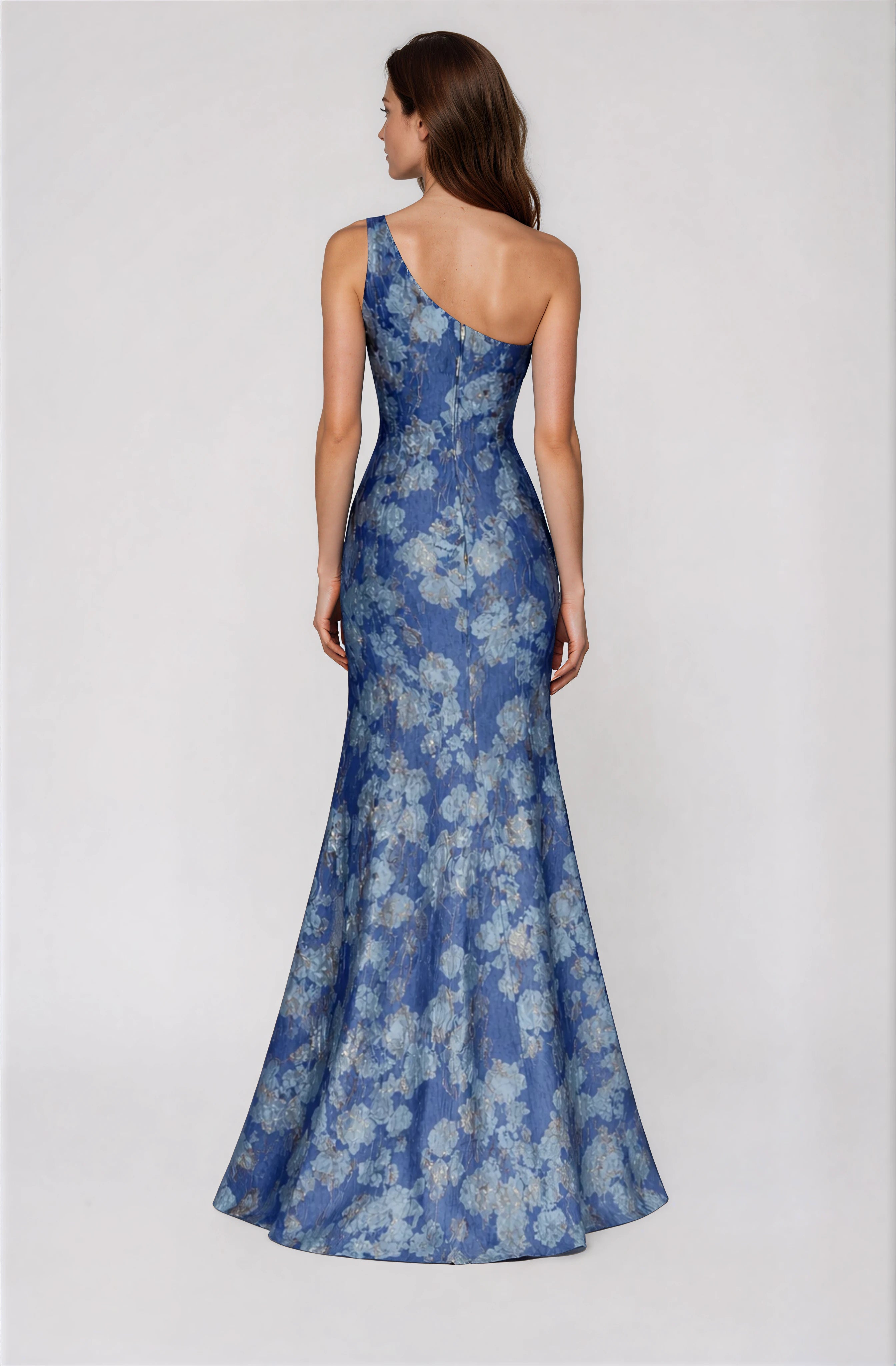 One Shoulder Floral Jacquard Fit And Flare Gown with Front Slit Gown Rene Ruiz Collection
