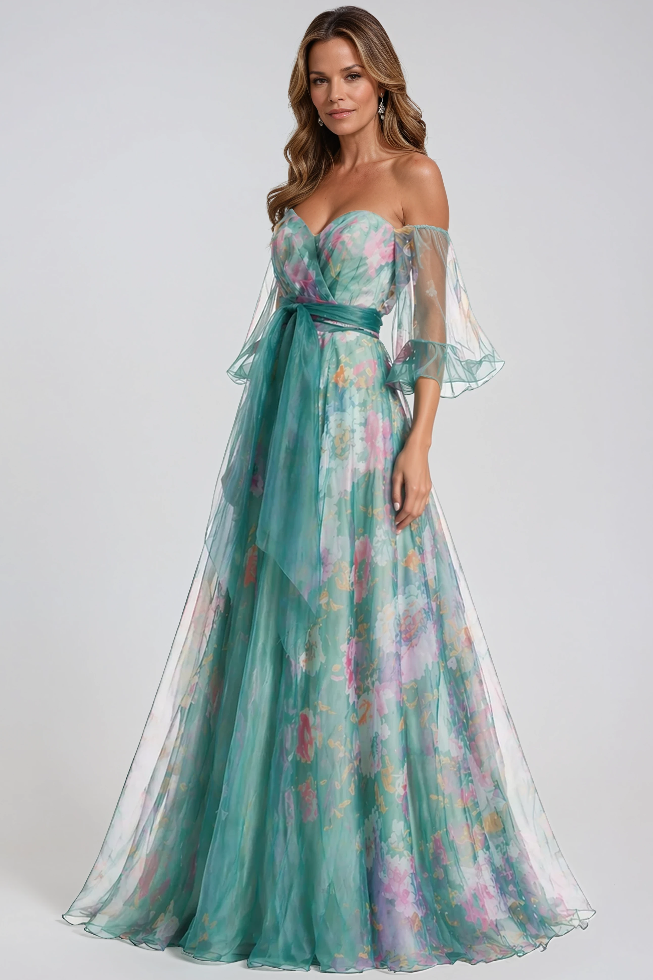 3/4 Puff Sleeve Organza Gown Gown Rene Ruiz Collection