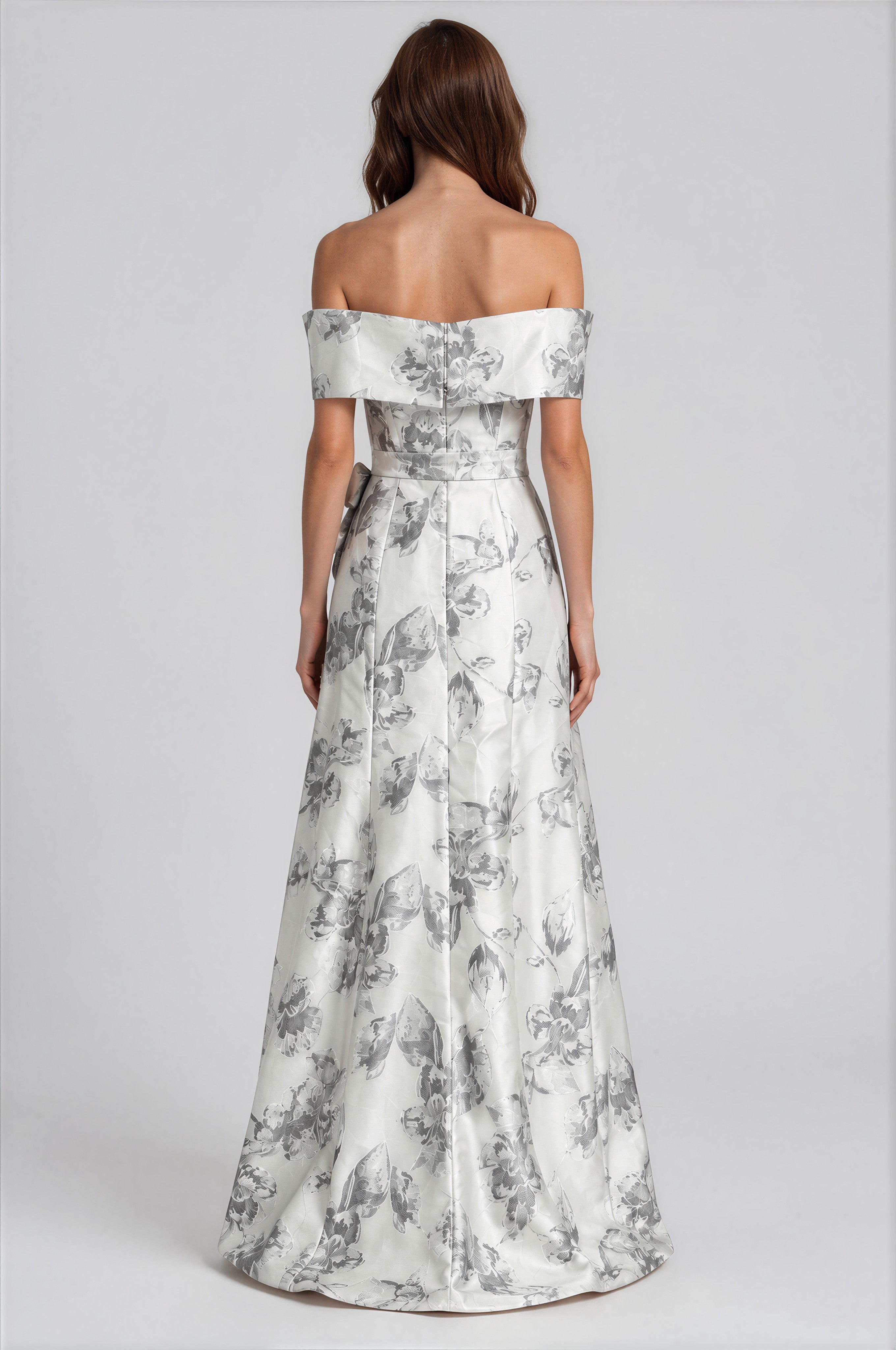 Off The Shoulder Floral Jacquard Mermaid Gown with Bow Detail Gown Rene Ruiz Collection