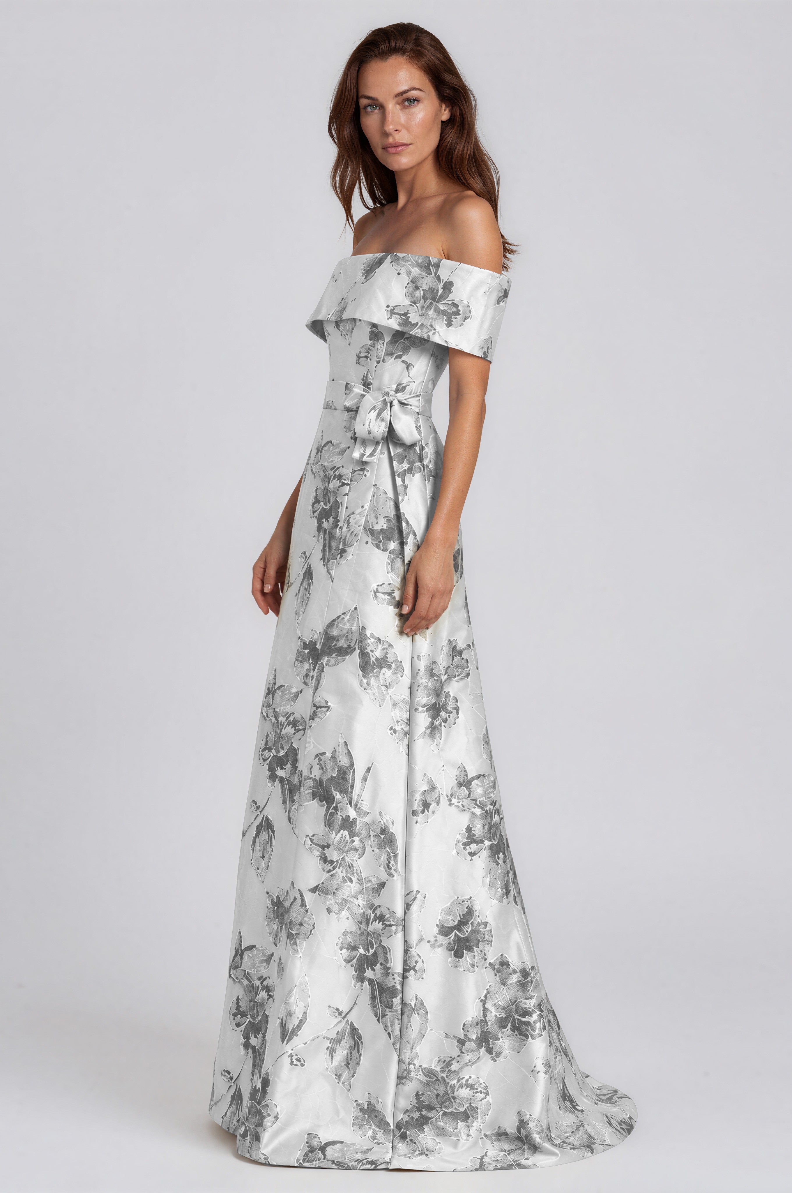 Off The Shoulder Floral Jacquard Mermaid Gown with Bow Detail Gown Rene Ruiz Collection