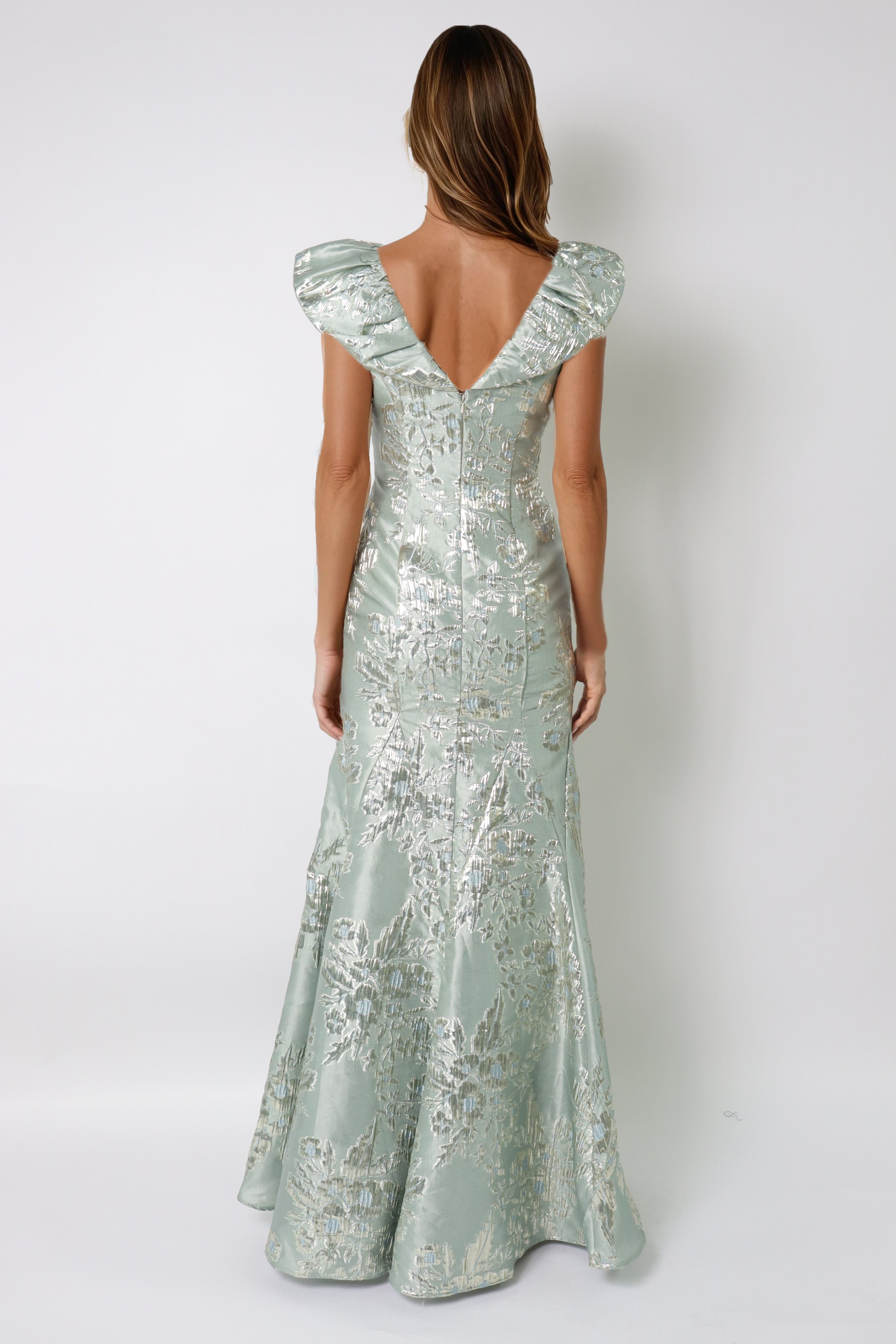 Puff Collar V Neck Brocade Fit and Flare Gown Gown Rene Ruiz Collection