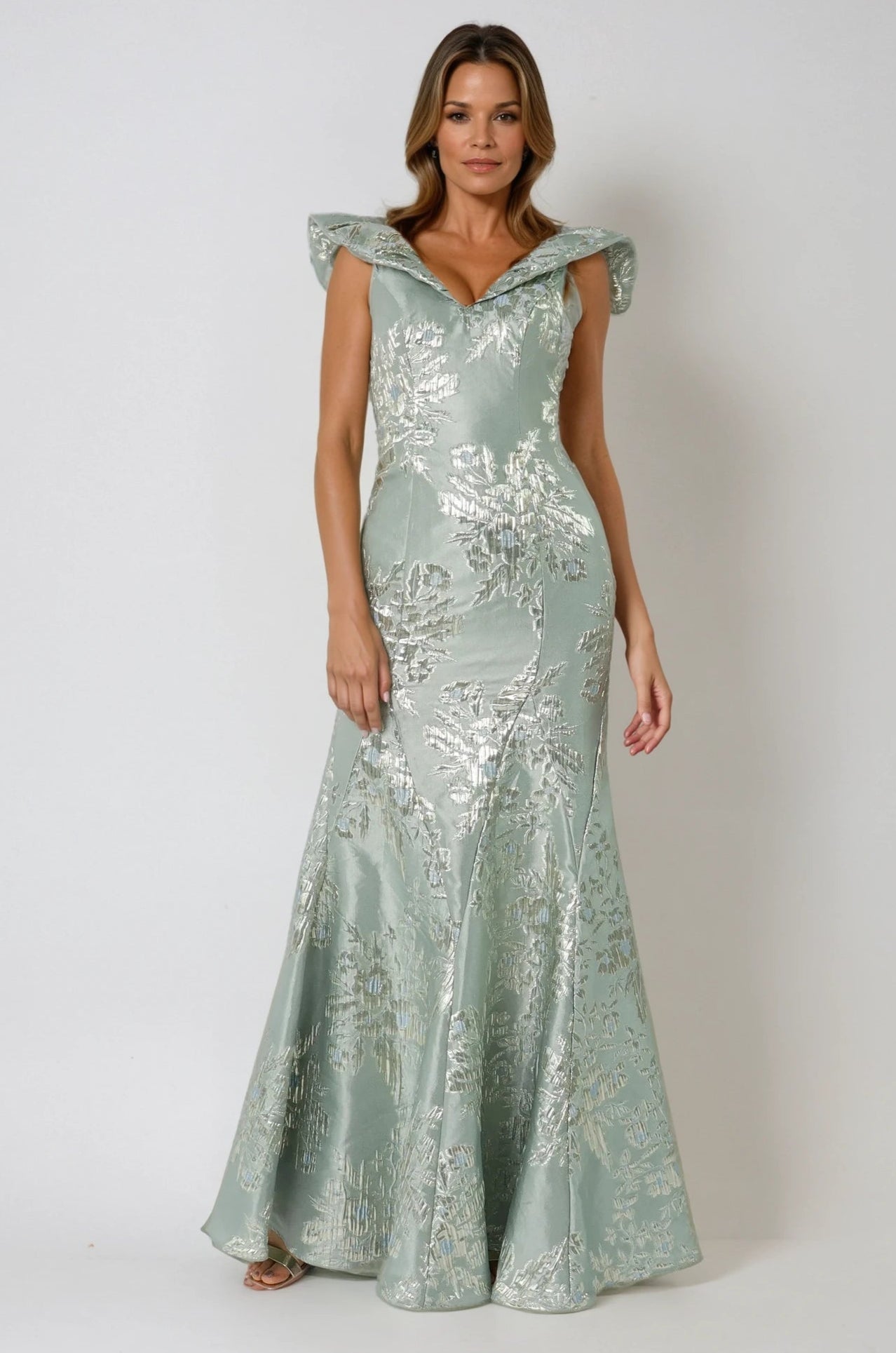 Puff Collar V Neck Brocade Fit and Flare Gown Gown Rene Ruiz Collection