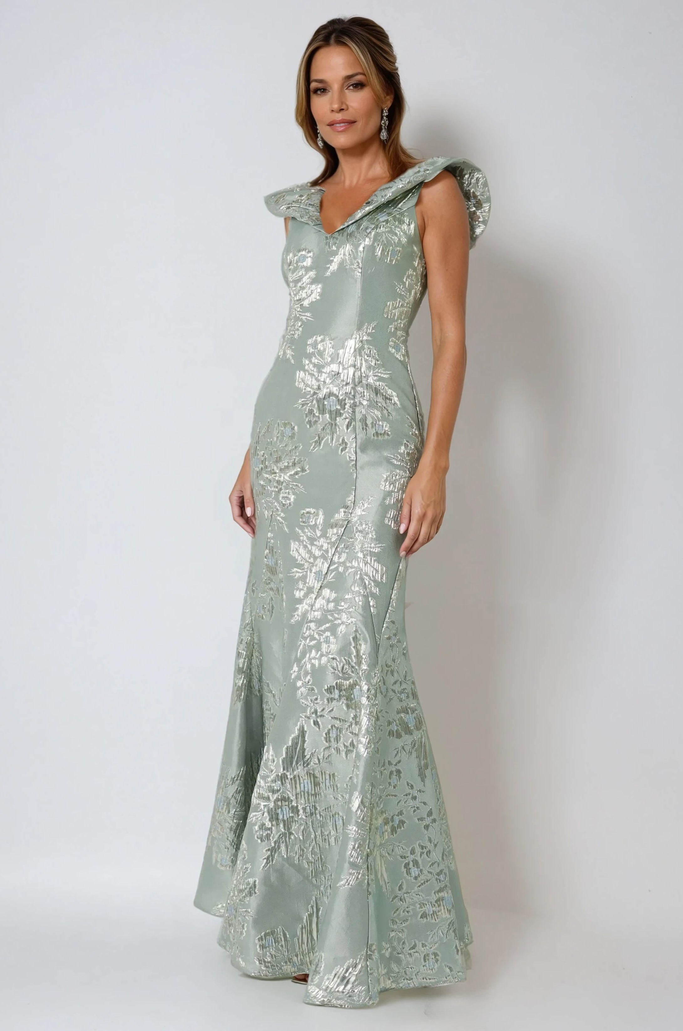Puff Collar V Neck Brocade Fit and Flare Gown Gown Rene Ruiz Collection