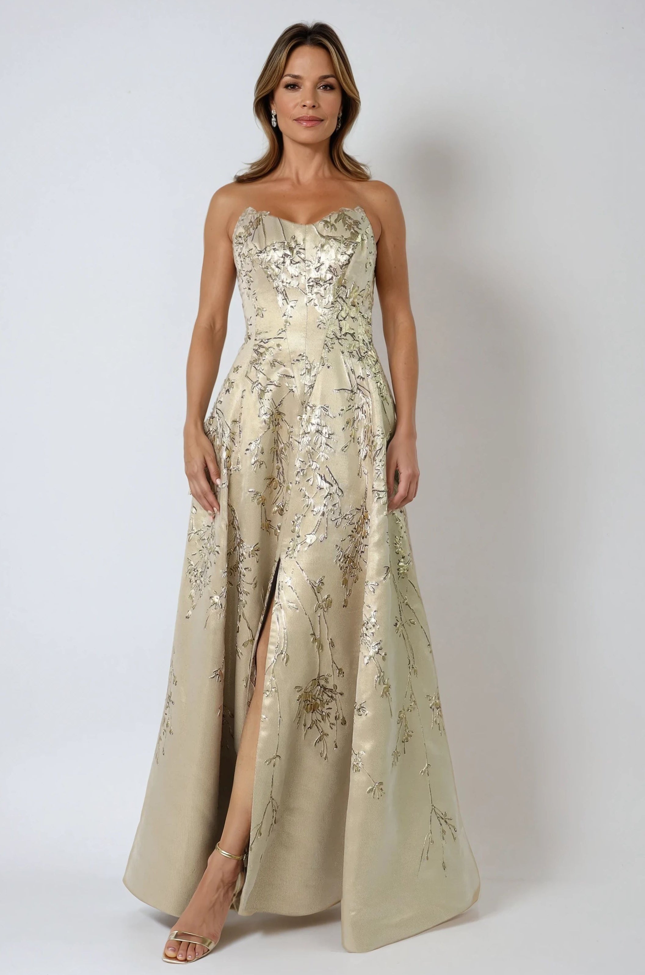 Sweetheart A-Line Brocade Gown With Slit Gown Rene Ruiz Collection