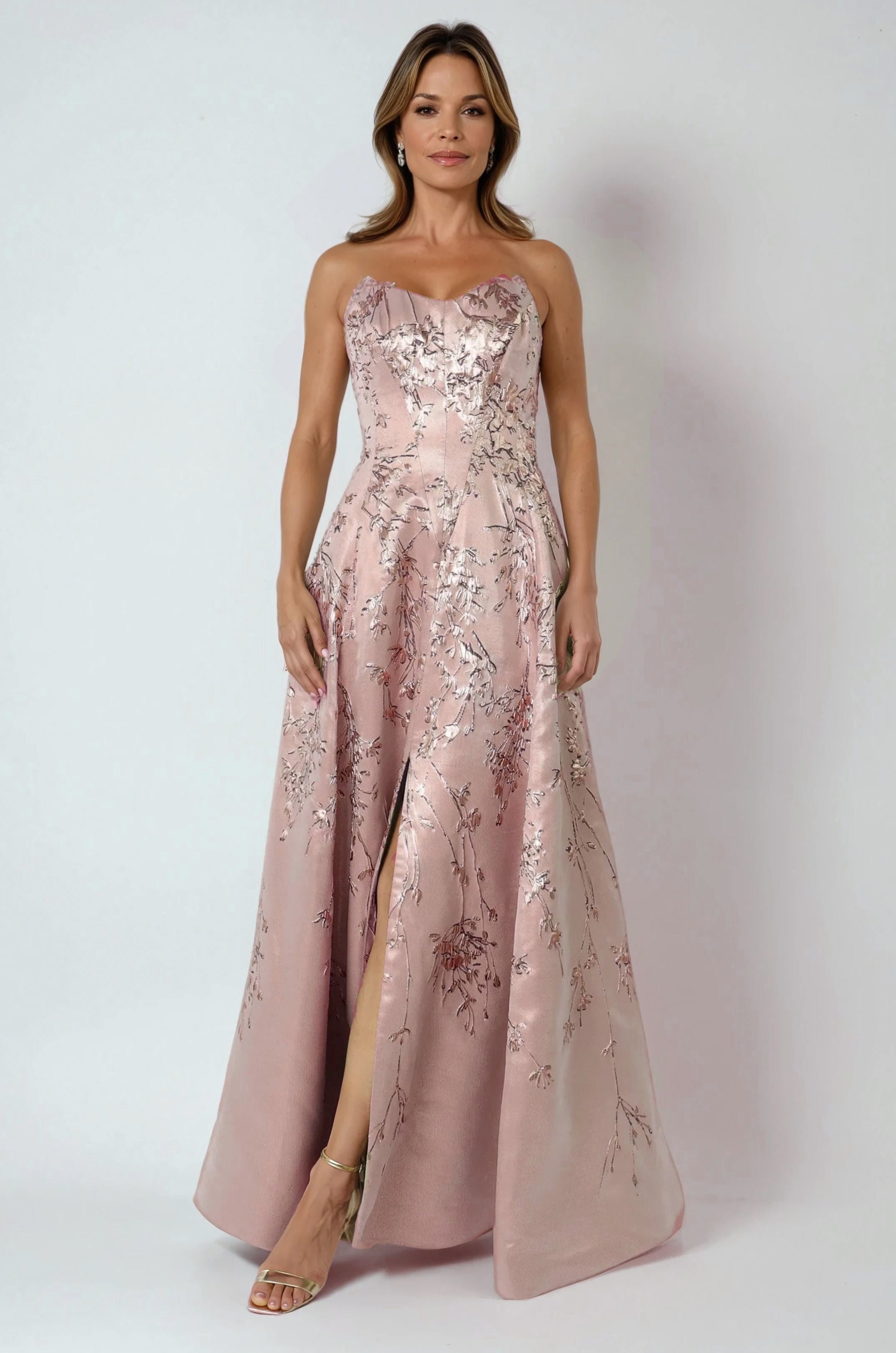 Sweetheart A-Line Brocade Gown With Slit Gown Rene Ruiz Collection
