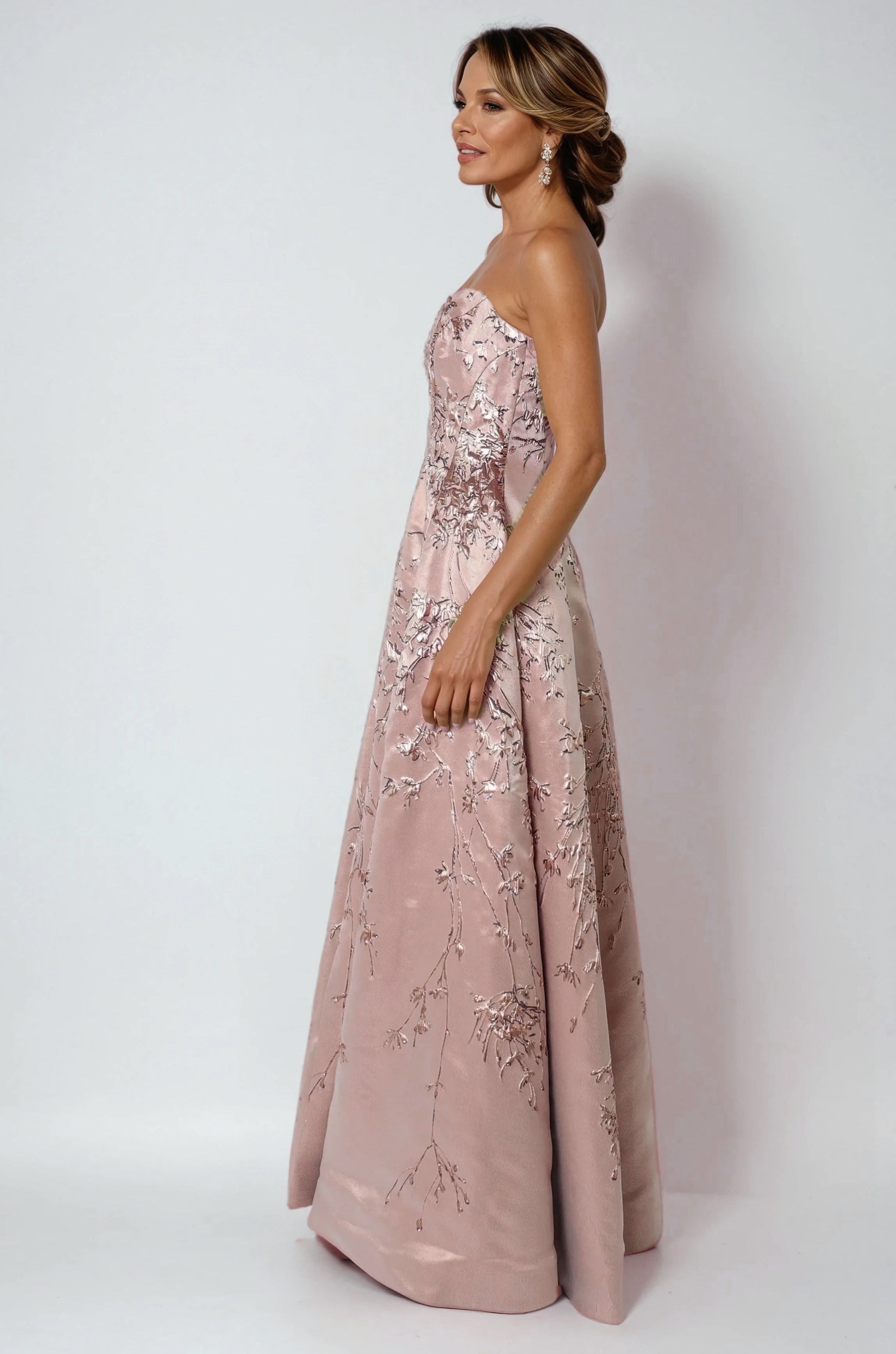 Sweetheart A-Line Brocade Gown With Slit Gown Rene Ruiz Collection