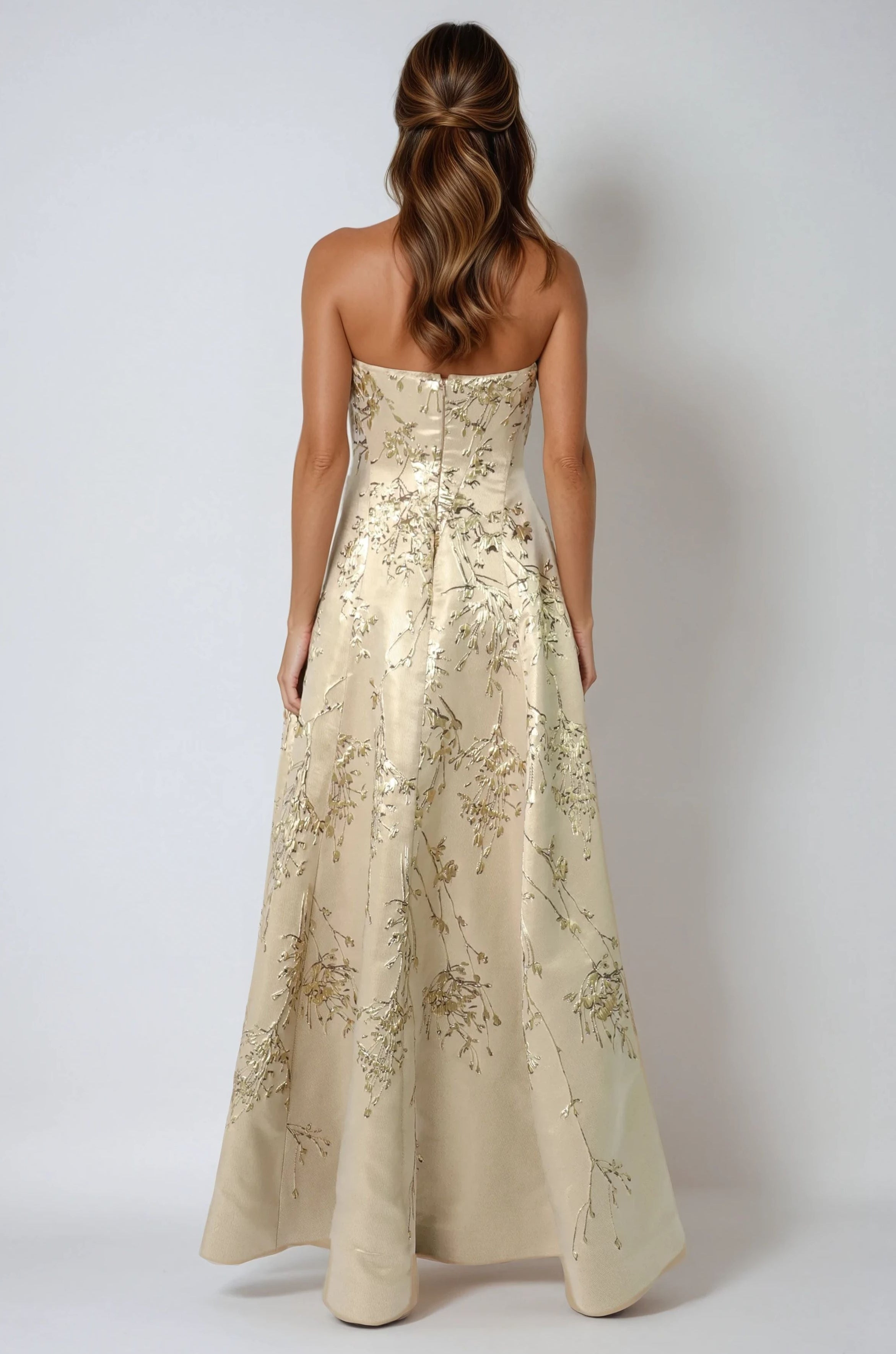 Sweetheart A-Line Brocade Gown With Slit Gown Rene Ruiz Collection