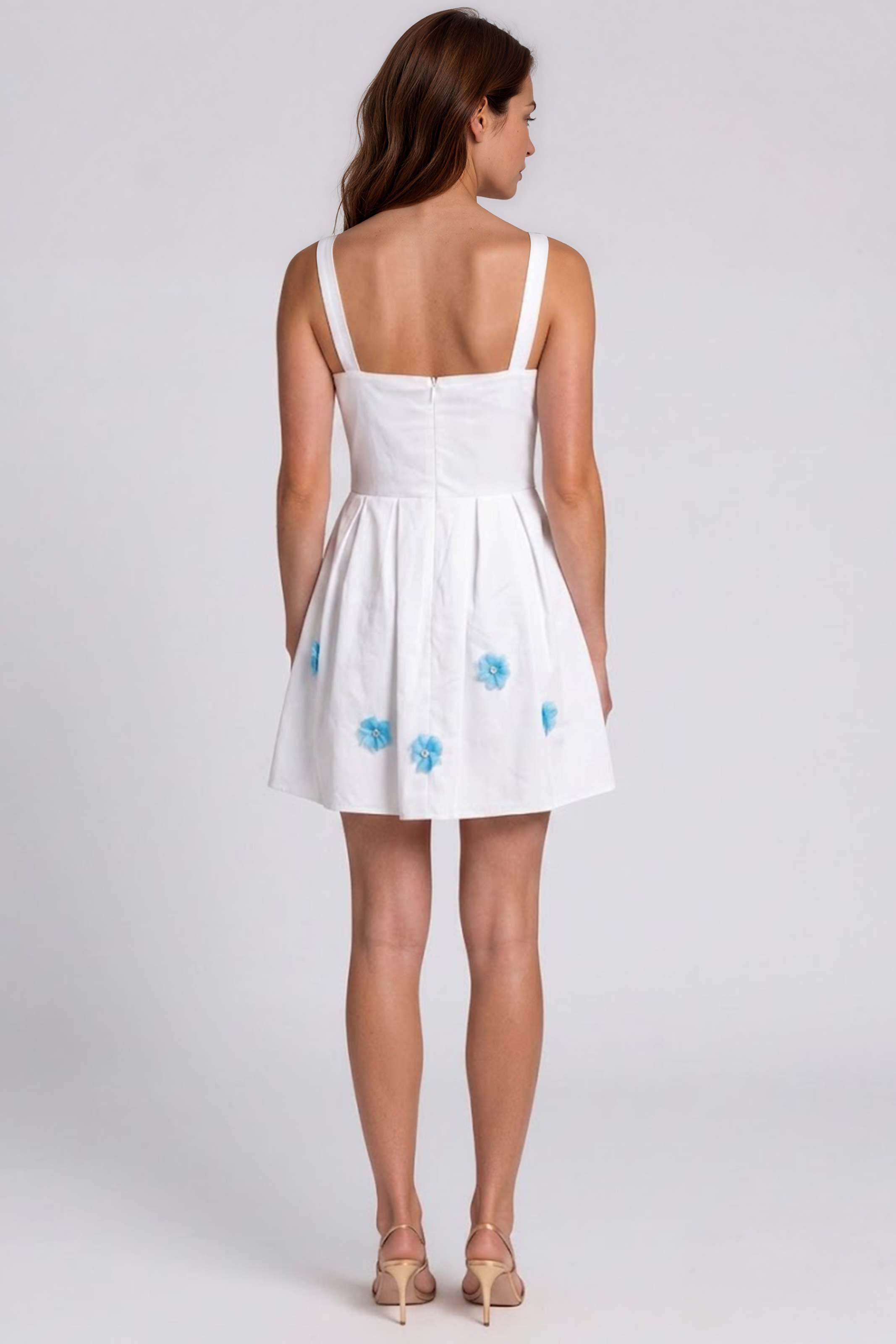 Square Neck Satin Fit and Flare Cocktail Dress with Floral Appliqué Detail Cocktail Rene Ruiz Collection