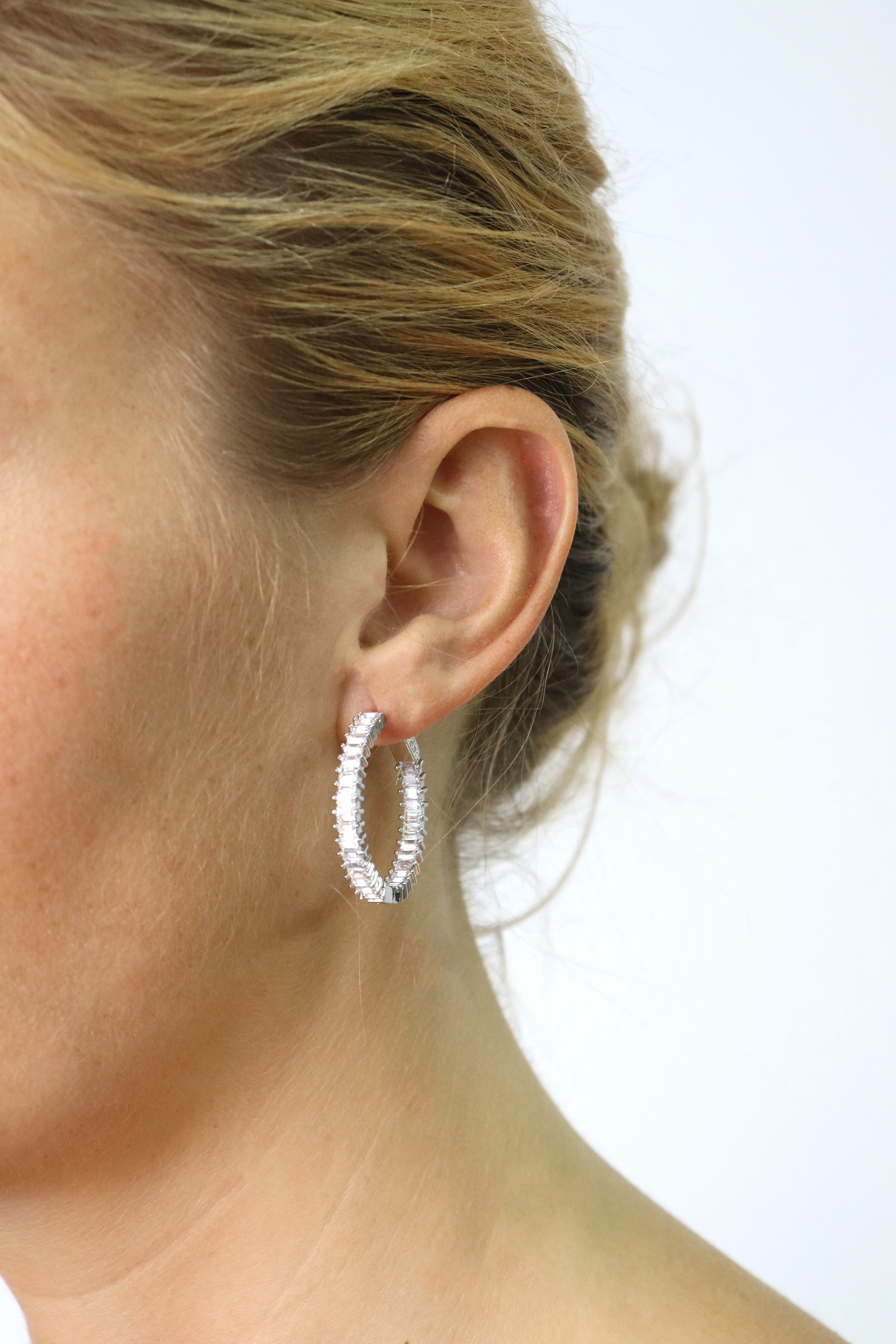 Emerald Cut Silver Plated Hoop Earrings Accessory Rene Ruiz Collection