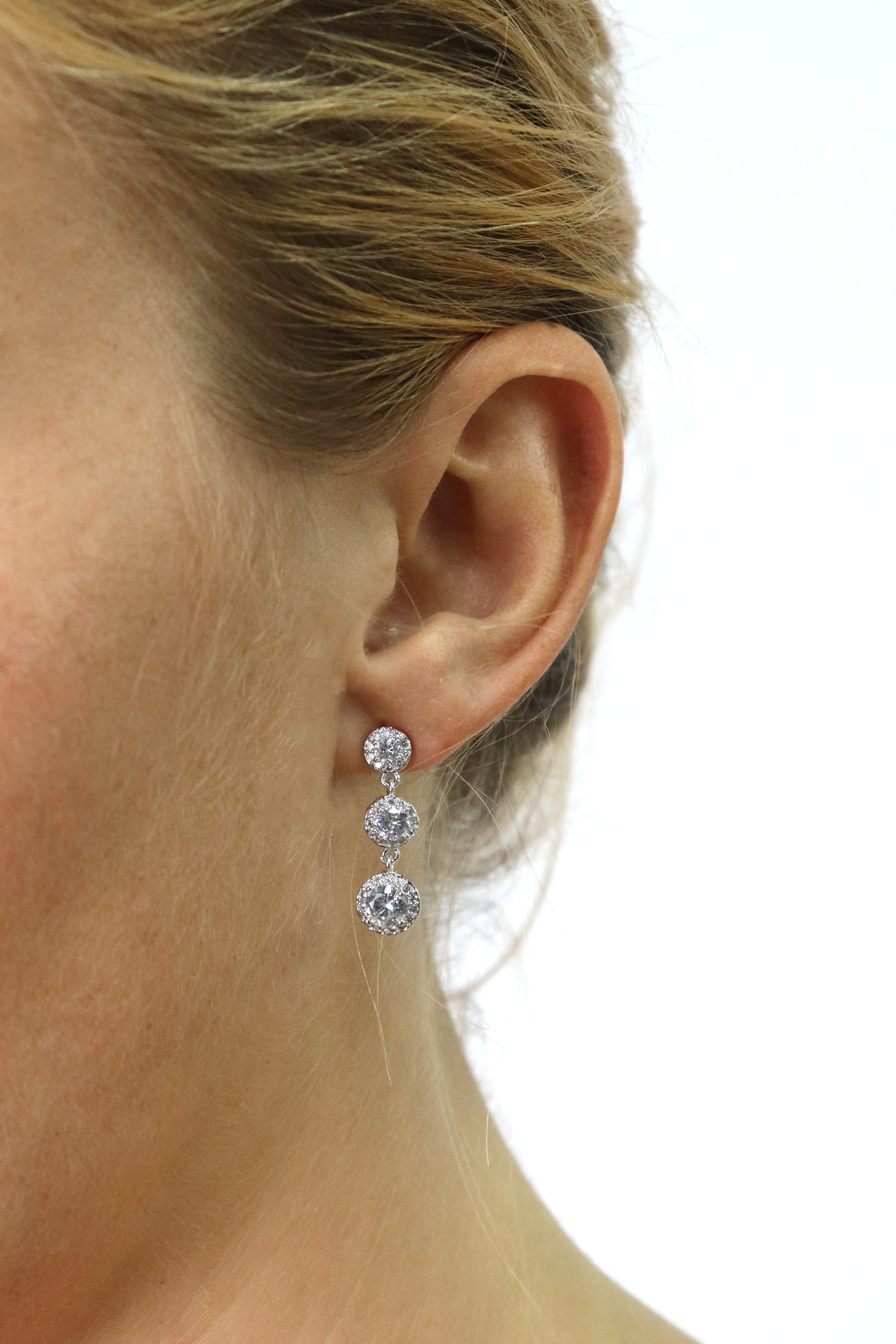 Three Round Crystal Silver Plated Drop Earrings Accessory Rene Ruiz Collection