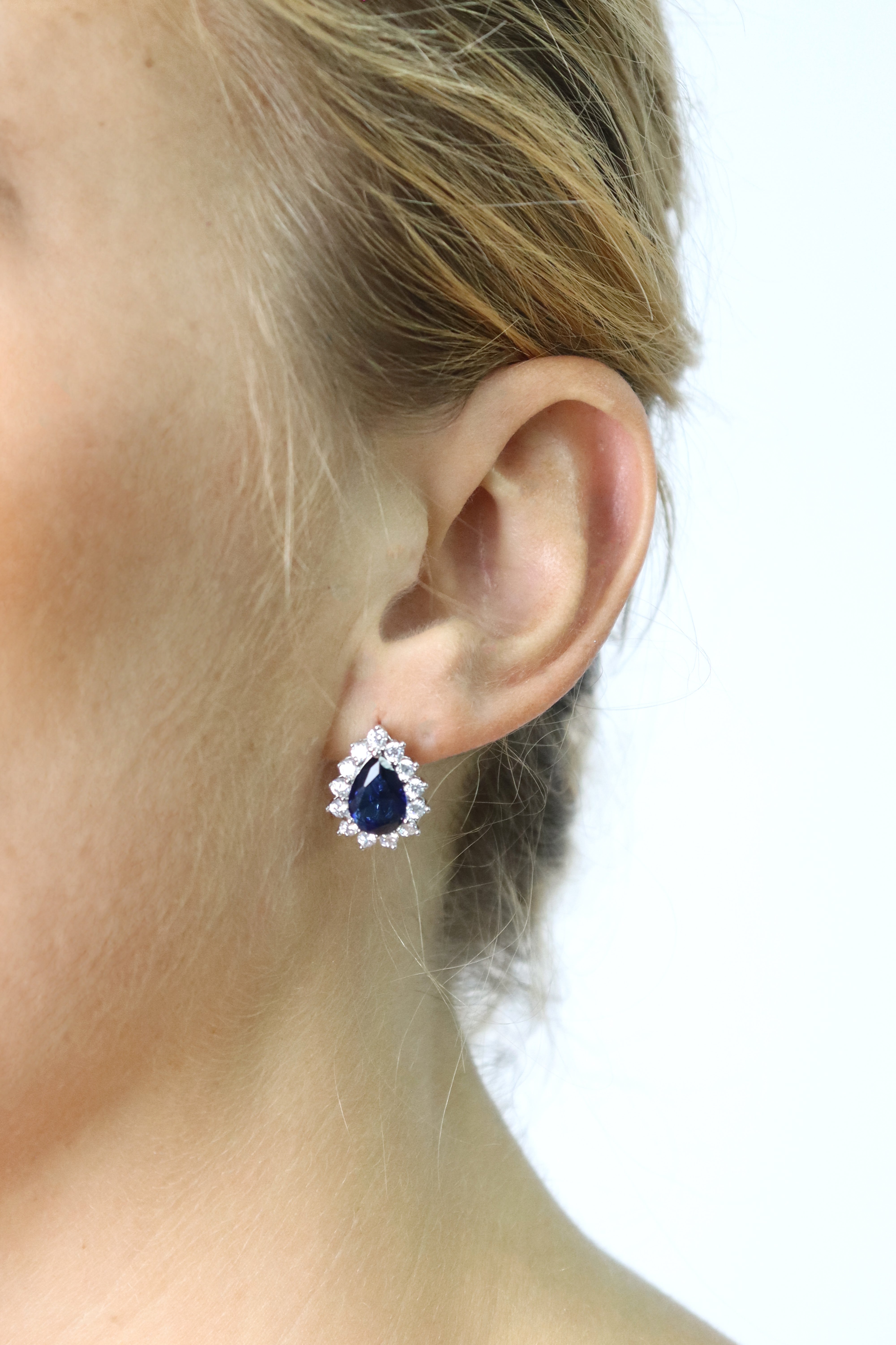 Pear Shaped Blue Sapphire Halo Clip Earrings Accessory Rene Ruiz Collection