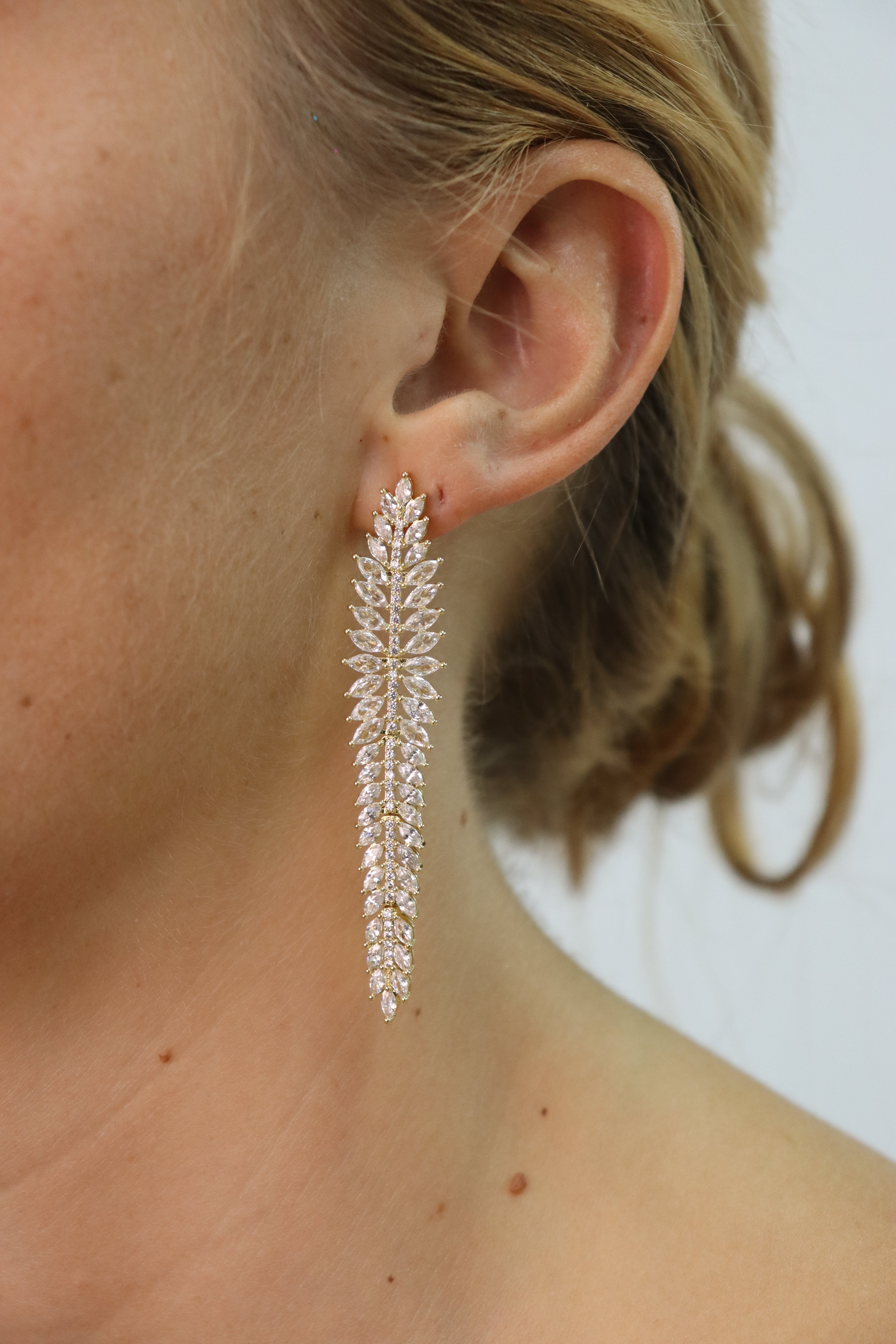 Marquise Cut Long Leaf Drop Gold Earrings Accessory Rene Ruiz Collection