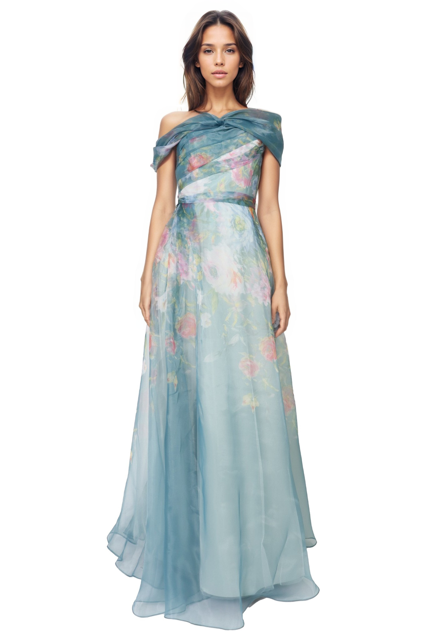 Twisted Off-The-Shoulder Organza Gown Gown Rene Ruiz Collection