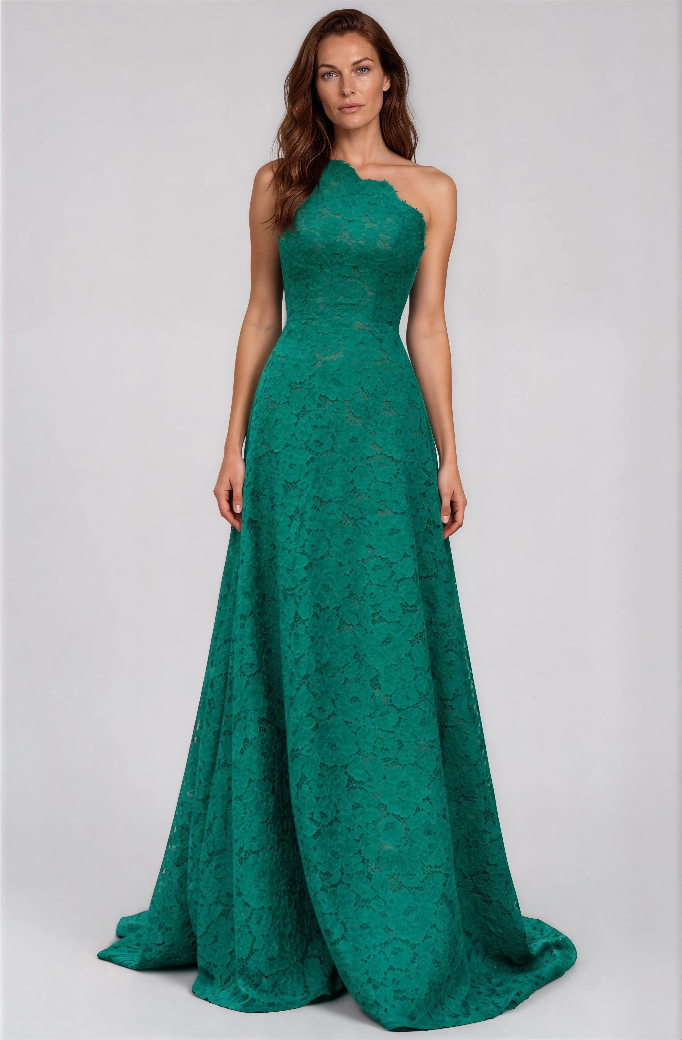 One Shoulder Scalloped Neck Lace A-Line Gown Gown Rene Ruiz Collection