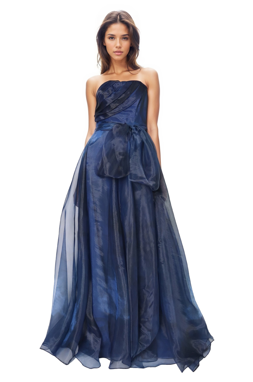 Strapless Organza Gown With Belt Gown Rene Ruiz Collection