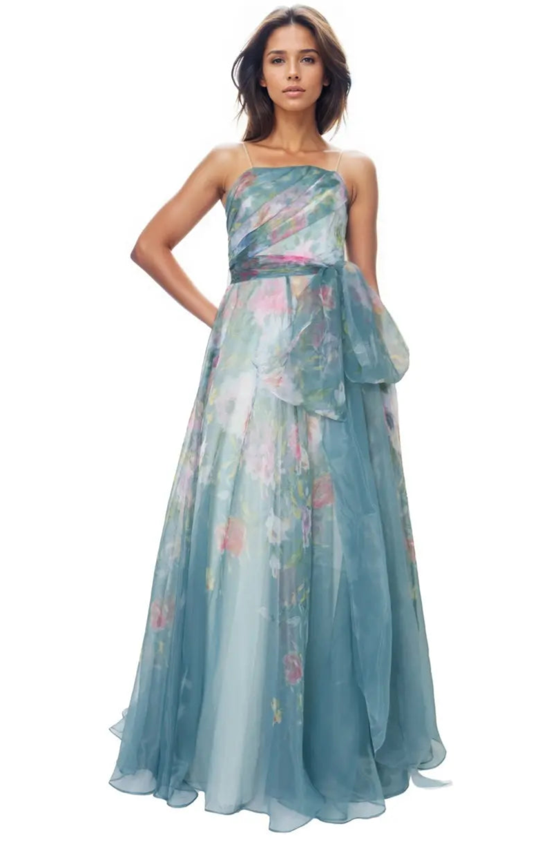 Strapless Organza Gown With Belt Gown Rene Ruiz Collection