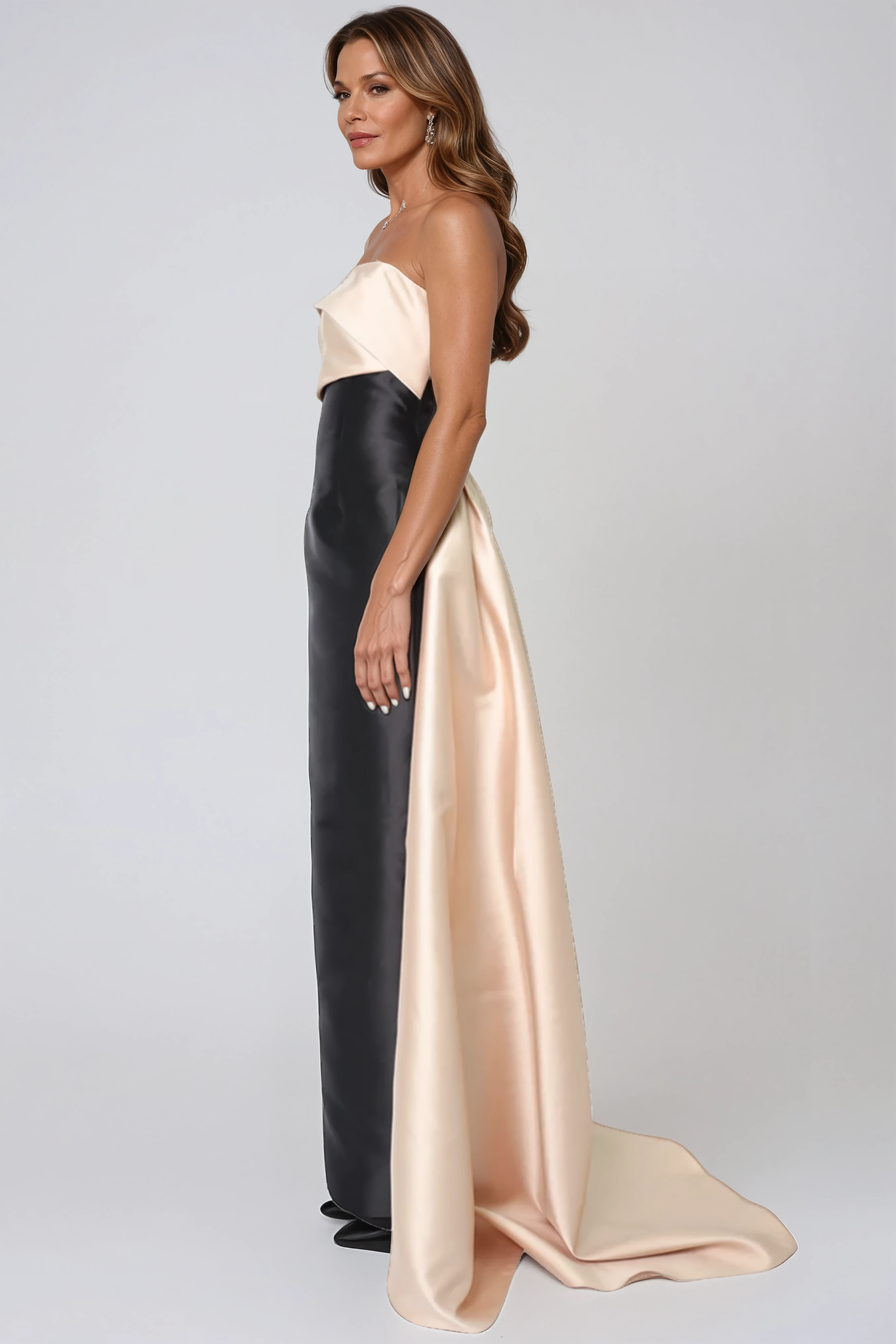 Strapless Two-Tone Satin Column Gown with Side Drape Gown Rene Ruiz Collection