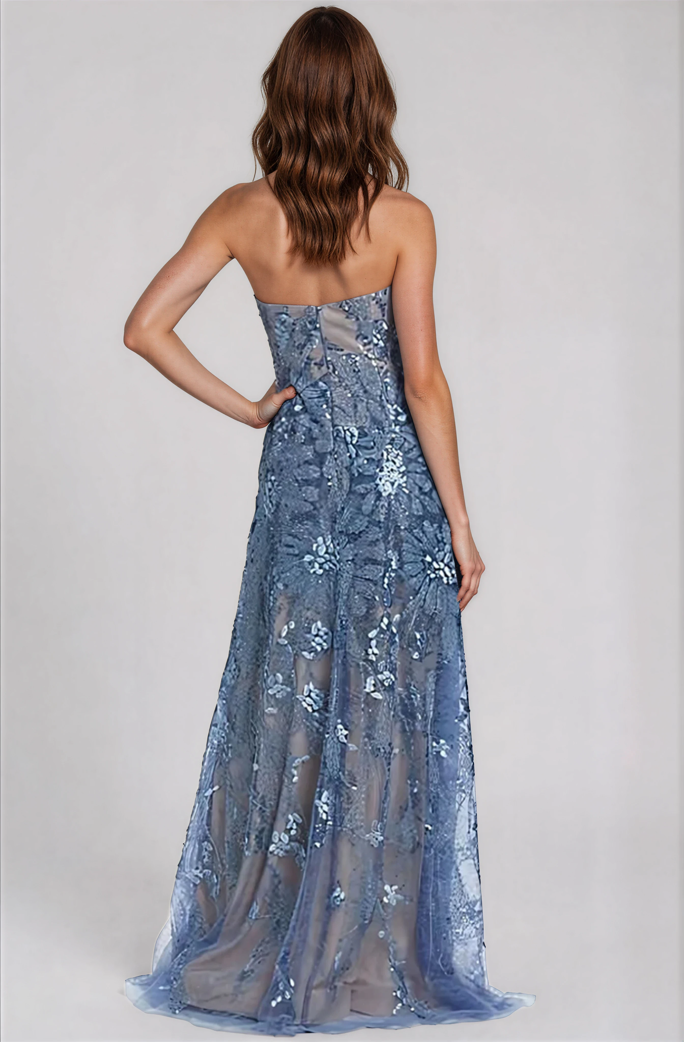 Floral Embroidered Strapless A-Line Gown Gown Rene Ruiz Collection