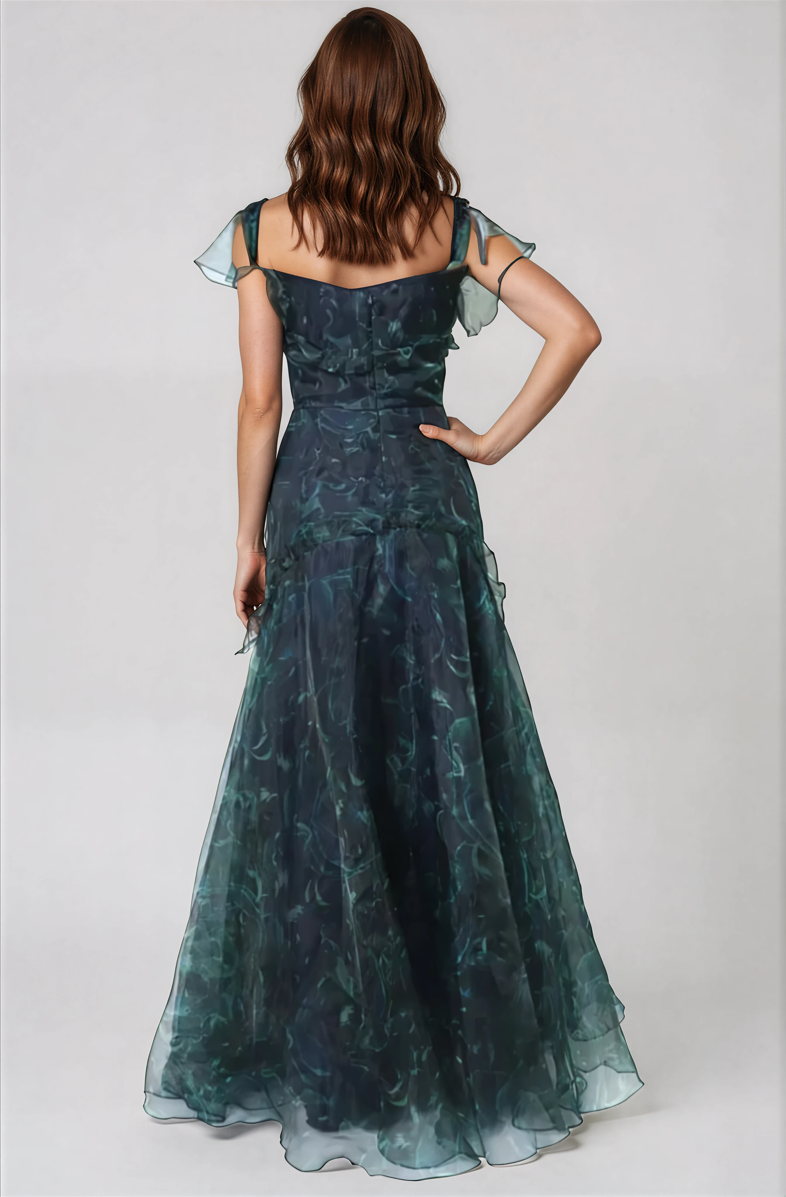 Flutter Sleeves Organza A-Line Gown Gown Rene Ruiz Collection