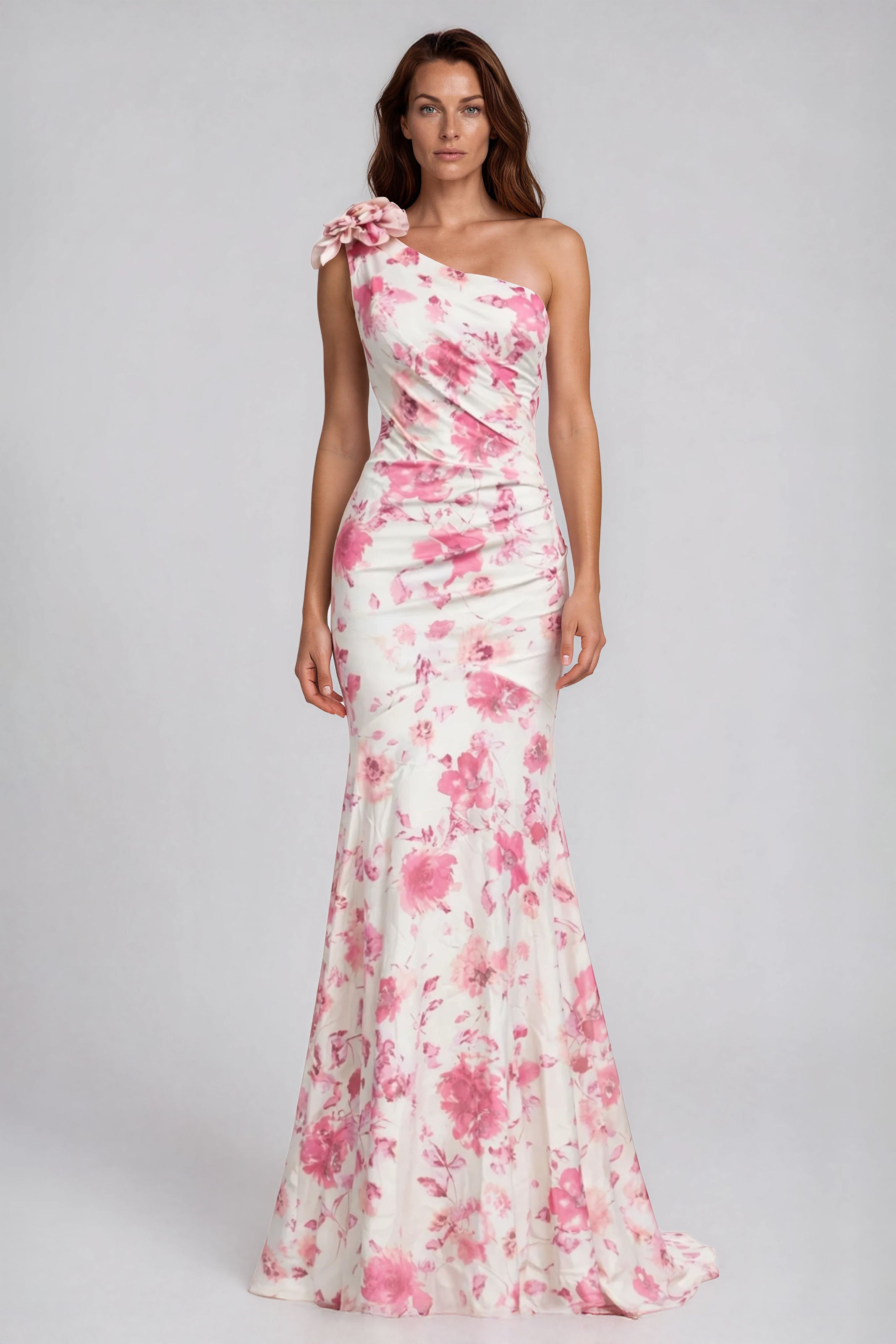 One Shoulder Floral Appliqué Scuba Stretch Fit And Flare Gown Gown Rene Ruiz Collection