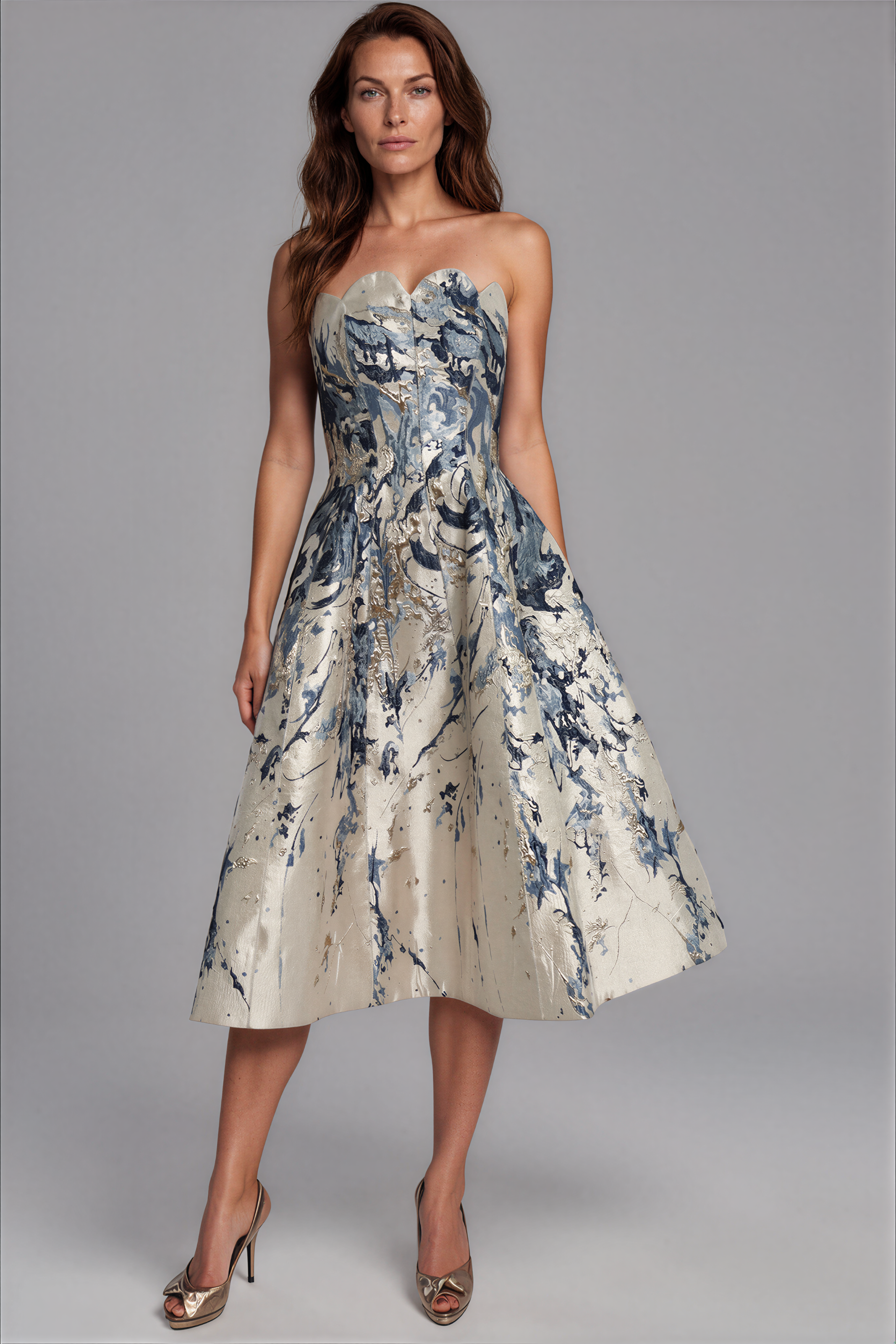 Strapless Scalloped Brocade Cocktail Midi