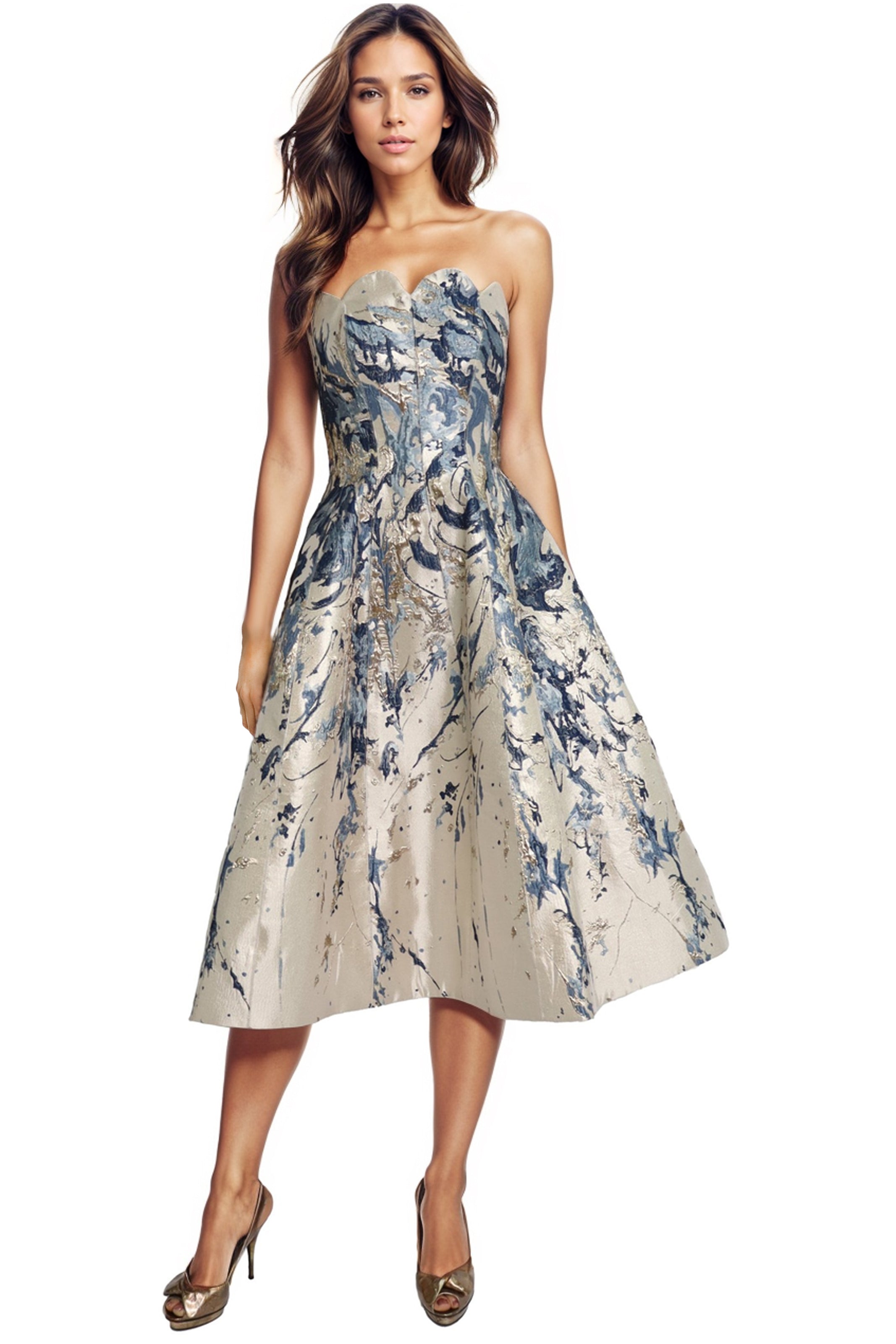 Strapless Scalloped Brocade Cocktail Midi Cocktail Rene Ruiz Collection