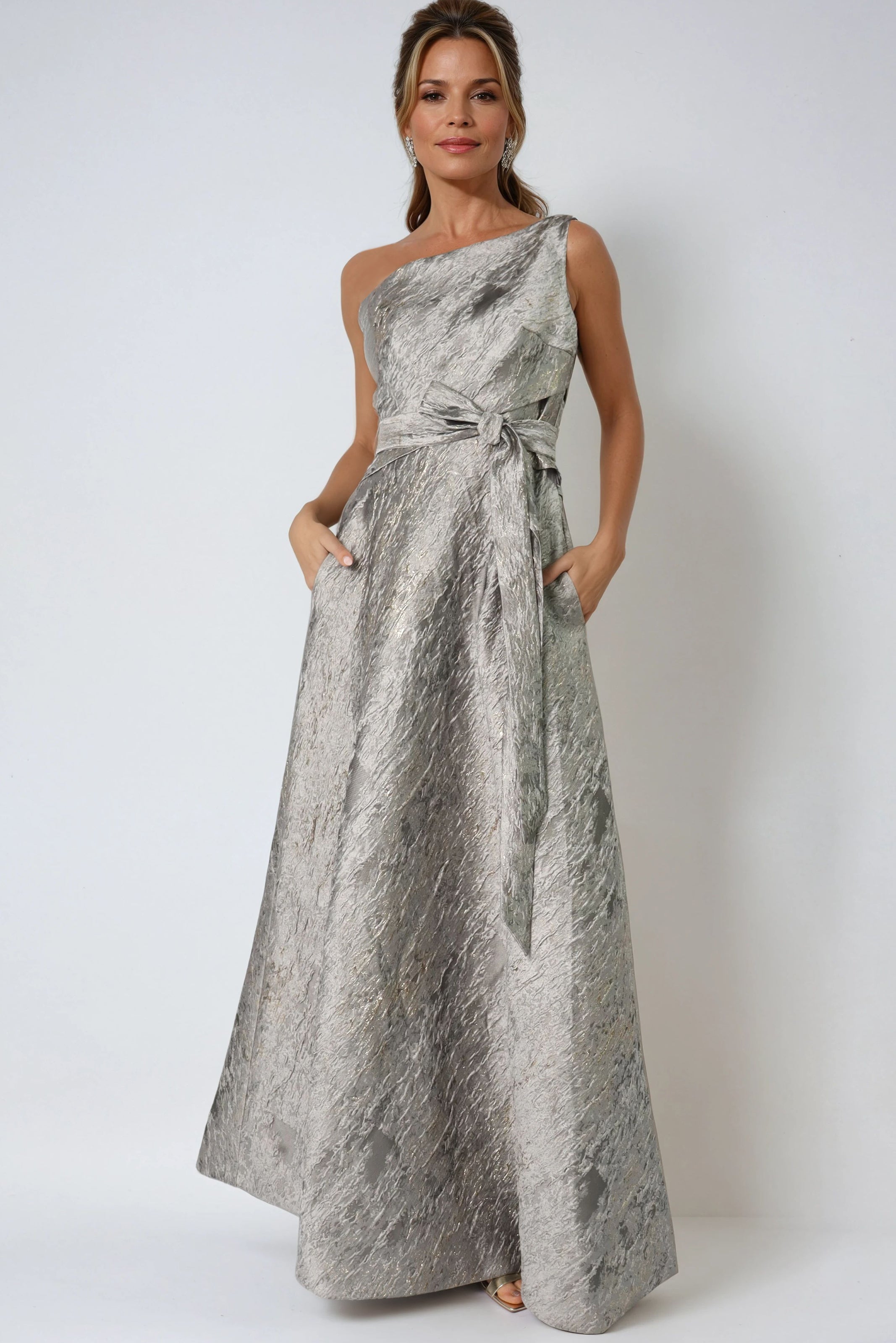 Asymmetric One Shoulder Brocade Gown