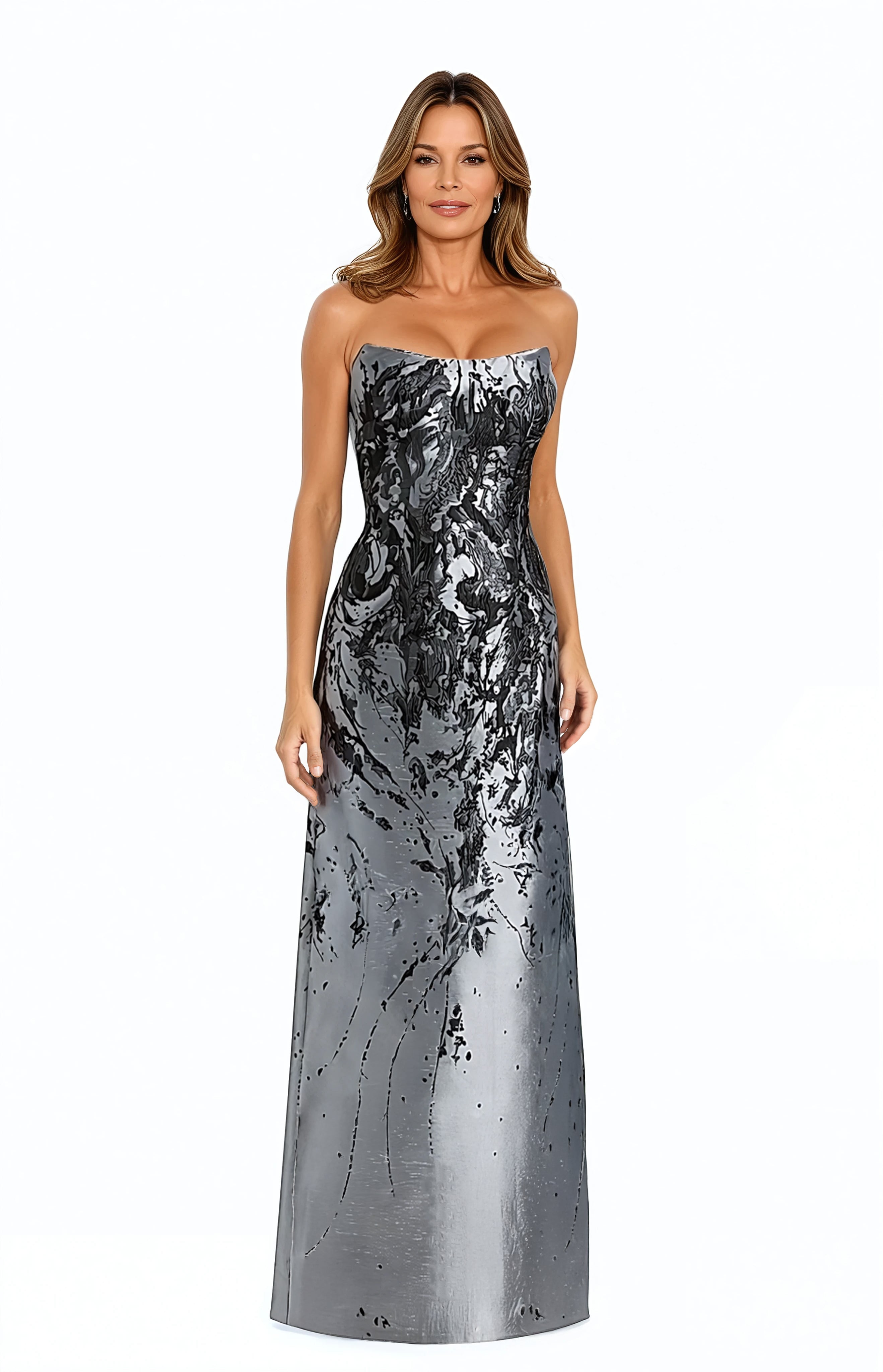 Swoop Neck Brocade Strapless A-Line Gown Gown Rene Ruiz Collection