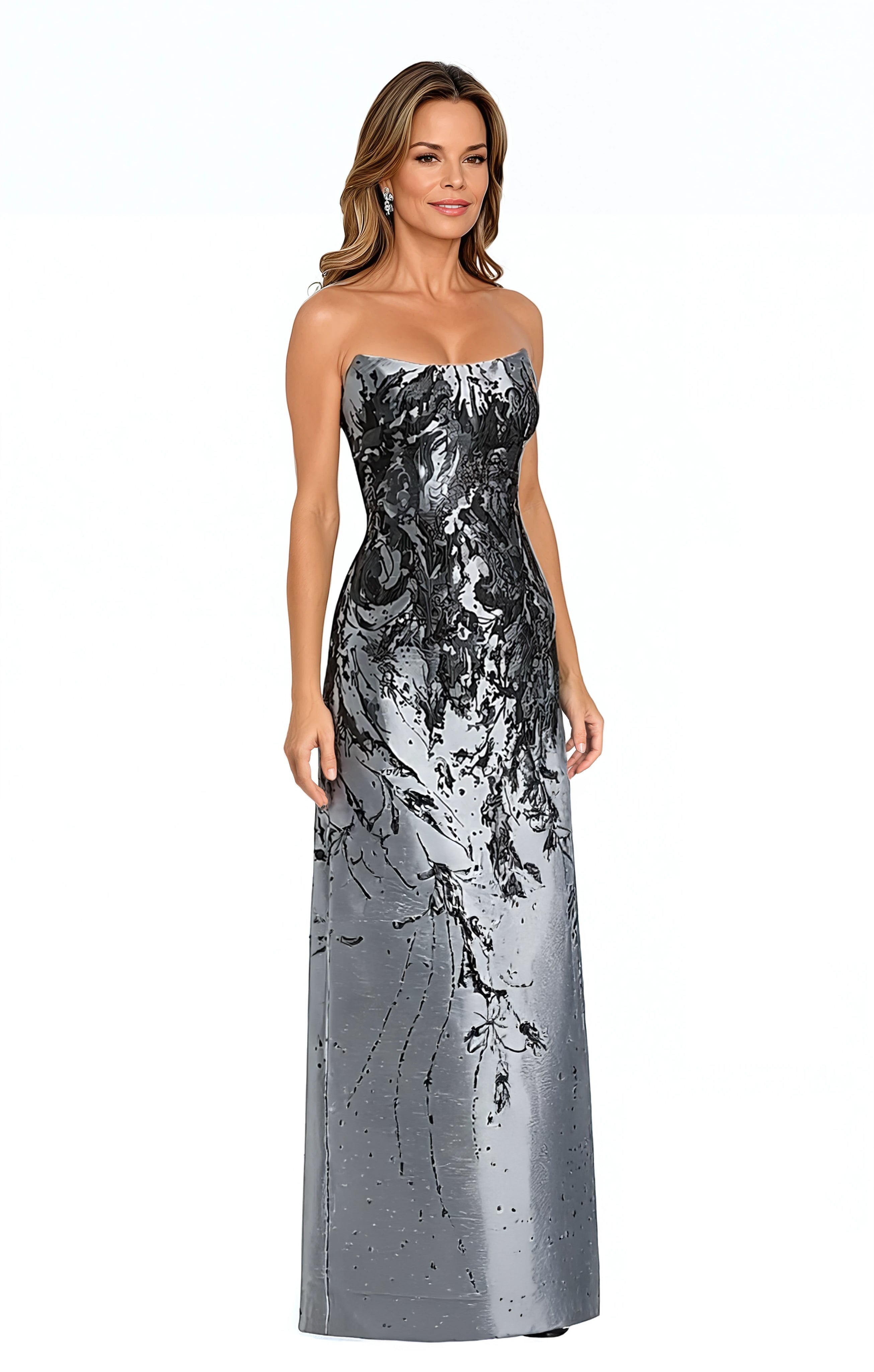 Swoop Neck Brocade Strapless A-Line Gown Gown Rene Ruiz Collection