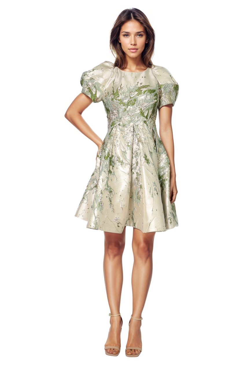 Puff Sleeve A-line Brocade Cocktail Rene Ruiz Collection