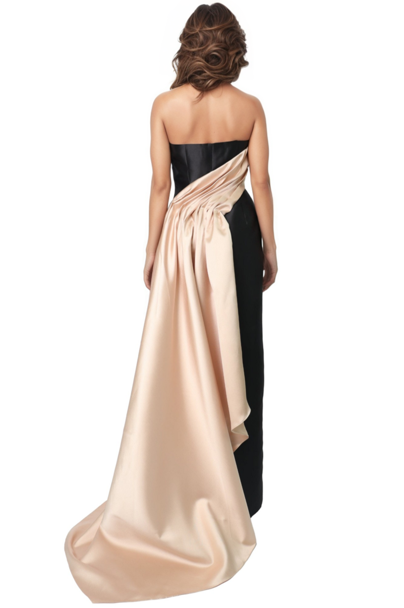 Strapless Two-Tone Satin Column Gown with Side Drape Gown Rene Ruiz Collection
